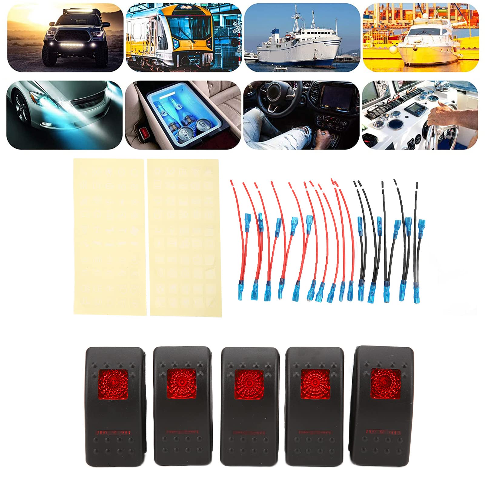 5 paczek SPST przełącznik kołyskowy 5 Pin czerwony podświetlany On Off 12 V 24 V 20A 10A dla samochodu SUV ATV 4x4 motocykl z naklejkami świecącymi w nocy