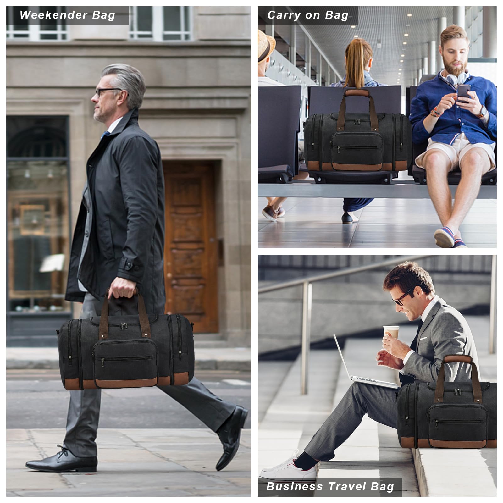 Litvyak Duffle Bag for Travel,Carry on Bag Travel Bags for Men Canvas Duffel Bag Overnight Weekend Gym Bag Carry On Luggage Bags Black with Toiletry Bag