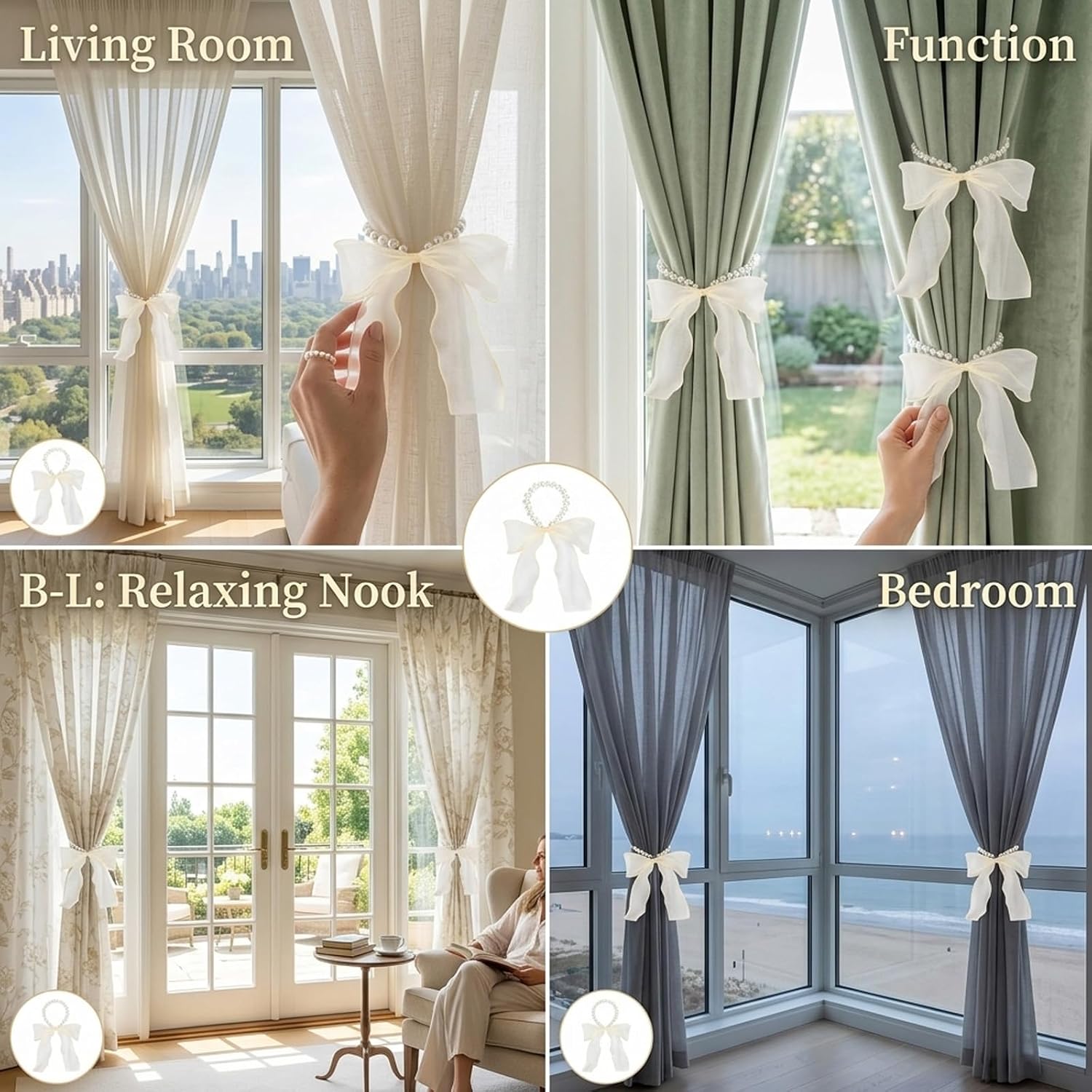 4Pcs Bow Curtain Tiebacks, Bow Tie Curtains, Off-White Color Pearl Tie Curtain Holdbacks, Decorative Window Treatments for Living Room Bedroom