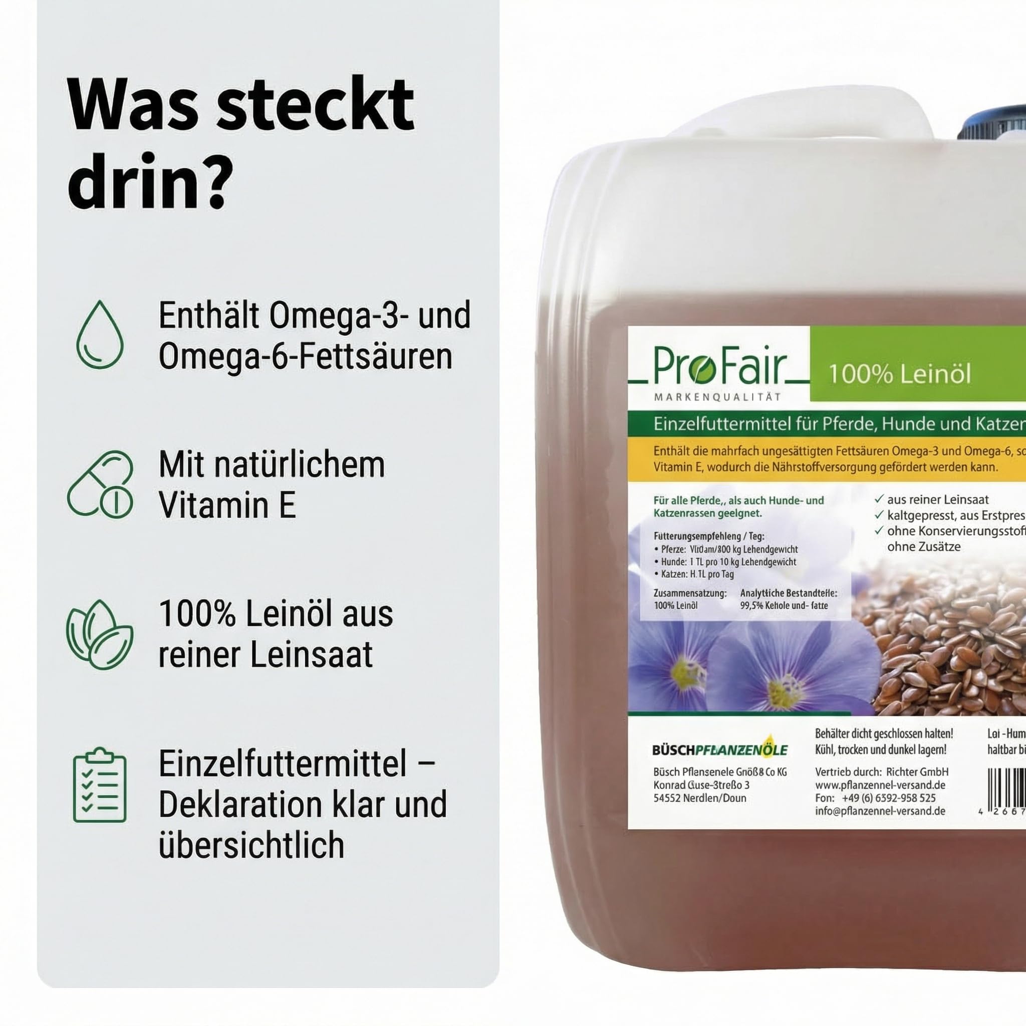 ProFair Leinöl für Pferde, Hunde & Katzen, kaltgepresst unter 40 °C, Erstpressung, 100% reine Leinsaat, Einzelfuttermittel, 5 L Vorratskanister inkl. Kanisterpumpe (ca. 30 ml/Hub)