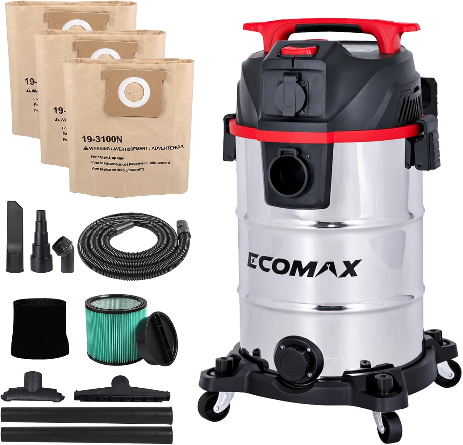 ECOMAX Dust Extractor, Shop Vac, Semi-auto Filter Clean, HEPA Filter, 8 Gallon Stainless Steel Tank 6.5 HP Wet Dry Vacuum, Anti-Static Hose, Dust-Full Indicator, for Woodworking