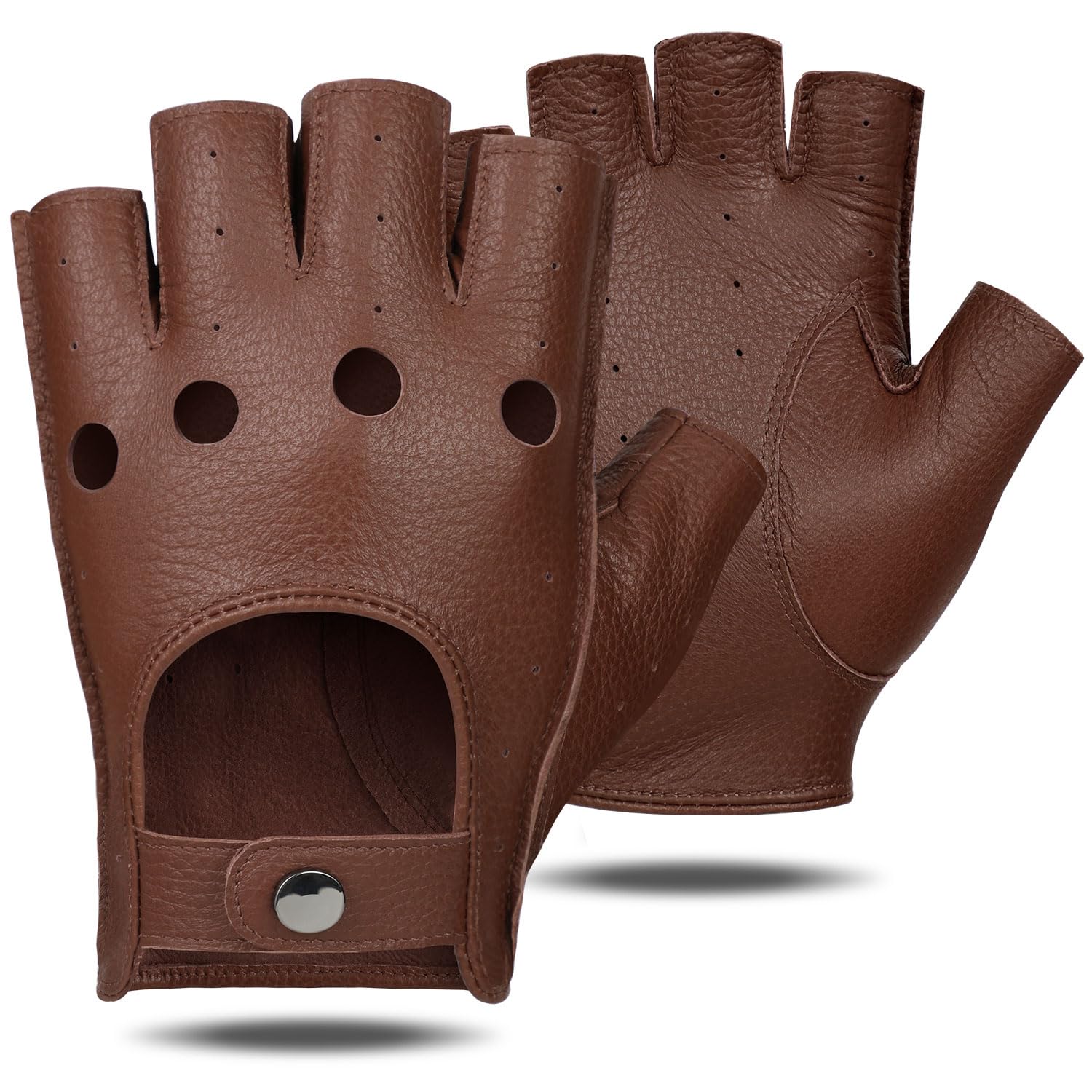 GSG SINCE 1998 Guanti Pelle Uomo Mezze Dita – Guanti da Guida Fingerless, Senza Fodera in Pelle Marrone L