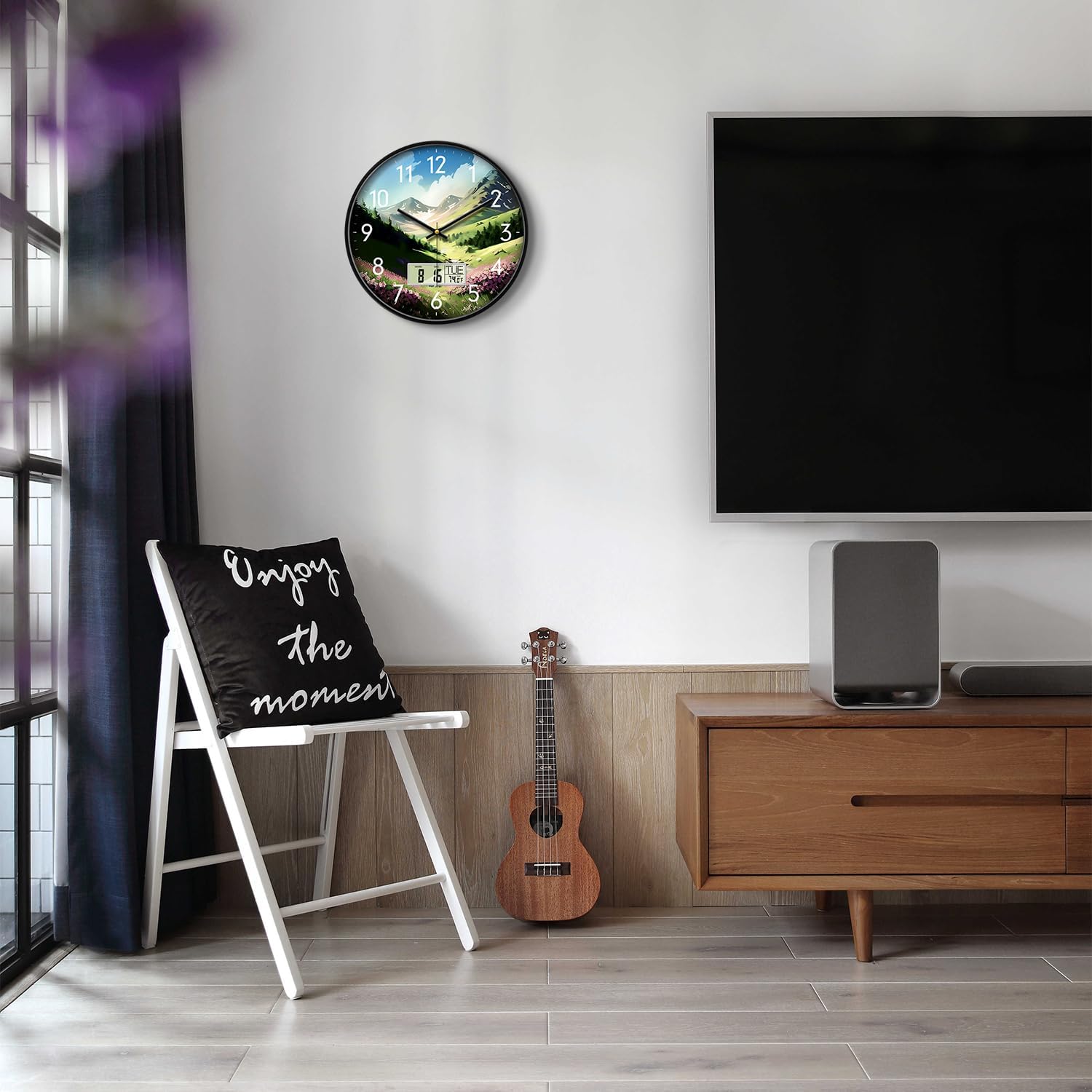 12'' Silent Non-Ticking Rustic Mountain Wildflowers Wall Clock, Battery Operated Analog with LCD Date Day Temp Display, for Living Room Bedroom Farmhouse Cottage Cabin Decor