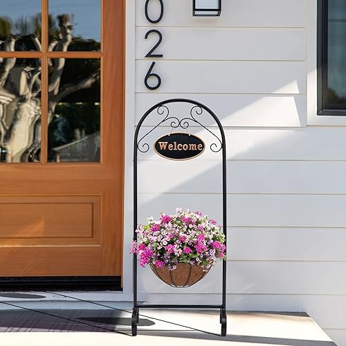 Miniatura 5 de Soporte de metal para maceta de bienvenida con forro de coco, soporte colgante de 39.5 pulgadas con letrero de bienvenida decorativo para decoración