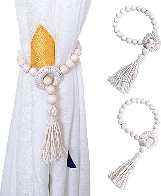 HOMU Wood Curtain Beaded Tiebacks Set of 2 Boho Window Tie Backs with Tassel Decorative Drapery Holdback Wooden Drape Farmhouse Garland Band Bohemian Theme Home Decoration, White