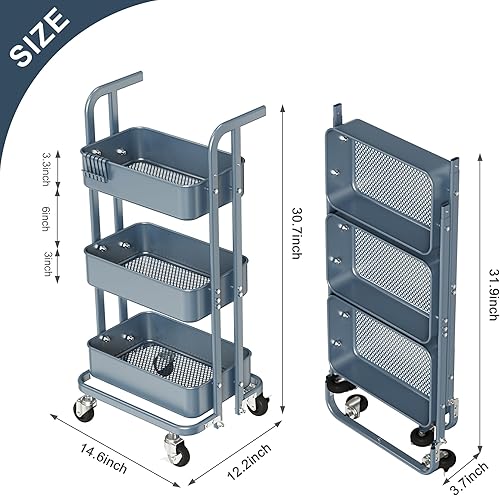 Miniatura 5 de DTK Mini carrito plegable de 3 niveles, carrito utilitario de metal con ruedas con bloqueo, carrito de almacenamiento plegable para sala de estar,