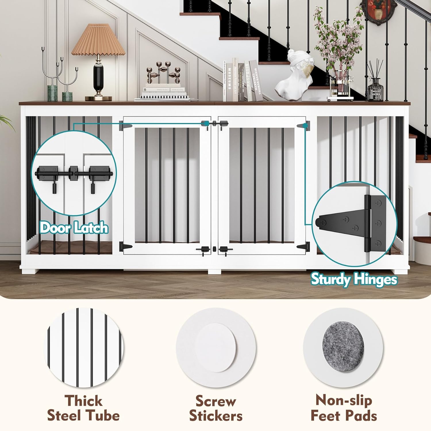 70.9" Large Double Dog Crate Furniture, Wooden Dog Kennel House with Divider & 2 Trays, for Large or 2 Medium Breeds Indoor, White