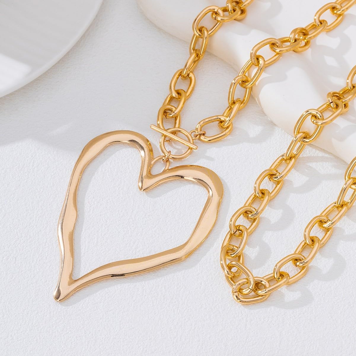 Chunky Gold Necklace Big Heart Necklace for Women Silver Large Statement Necklaces Thick Bold Chain Puffy Love Heart Charm Necklaces for Women with OT Toggle Silver Chunky Gold Jewelry Trendy Valentine's Day Gift - Image 3