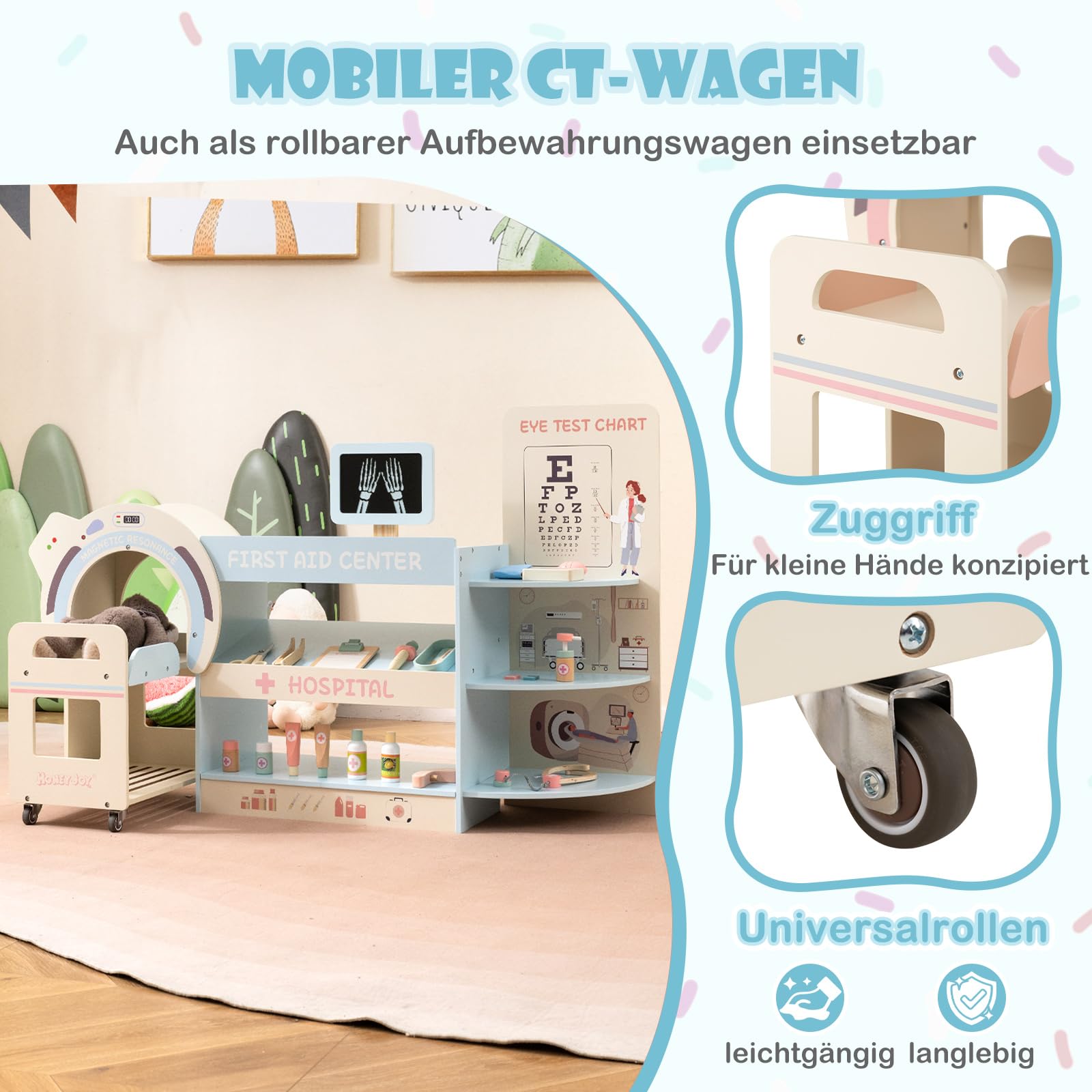 COSTWAY Holz Doktor Spielset, Krankenhaus Rollenspiel mit Sehtafel, Stethoskop, CT-Gerät, austauschbaren Filmen & medizinischen Zubehör, Arzt Set, Medizinisches Zentrum für Kinder ab 3 Jahren (Blau)