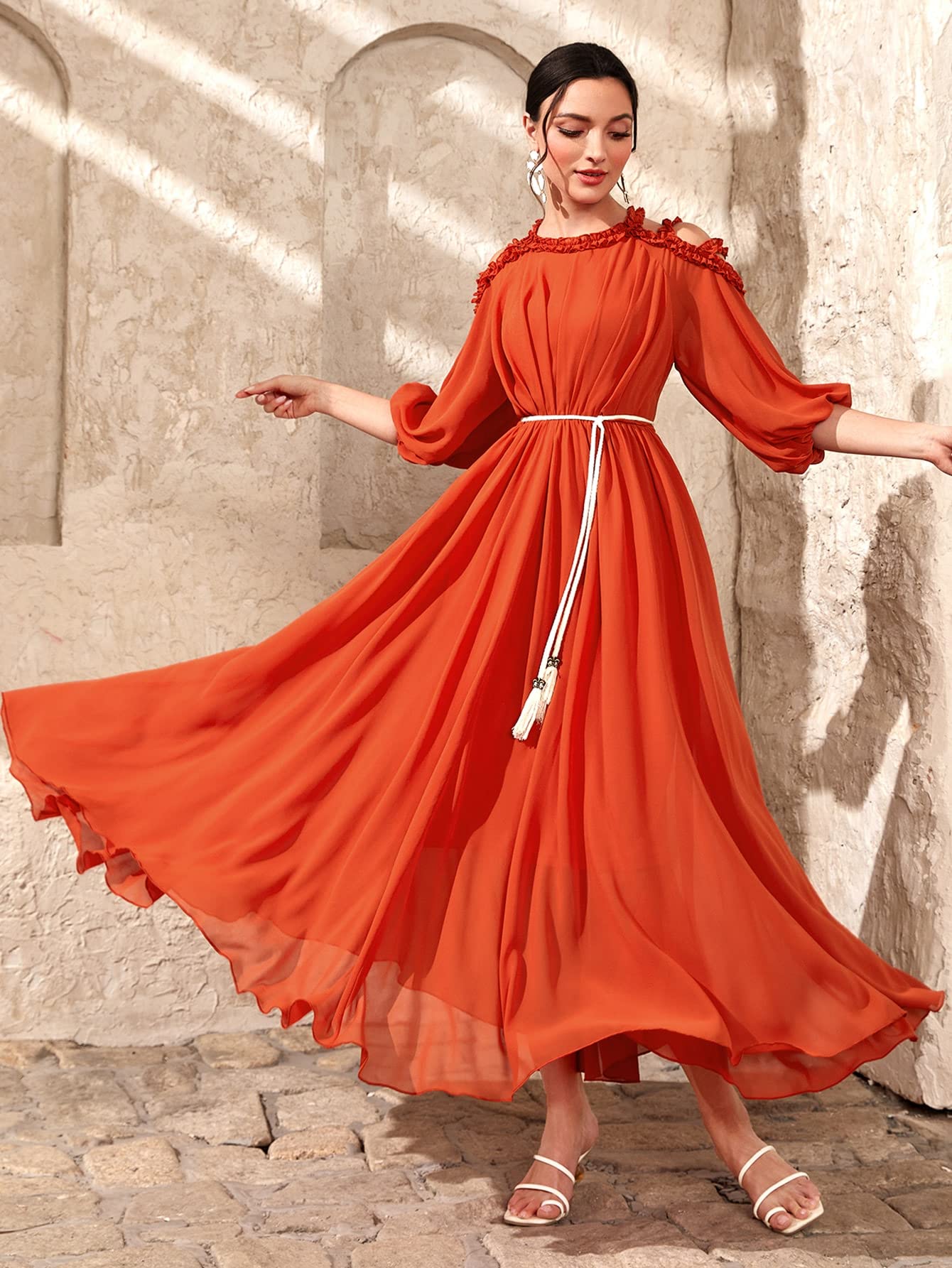 Women's Dress Dresses for Women Frill Trim Cold Shoulder Lantern Sleeve  Dress Without Belt Dresses (Color : Burnt Orange, Size : X-Large) :  Amazon.com.au: Clothing, Shoes & Accessories