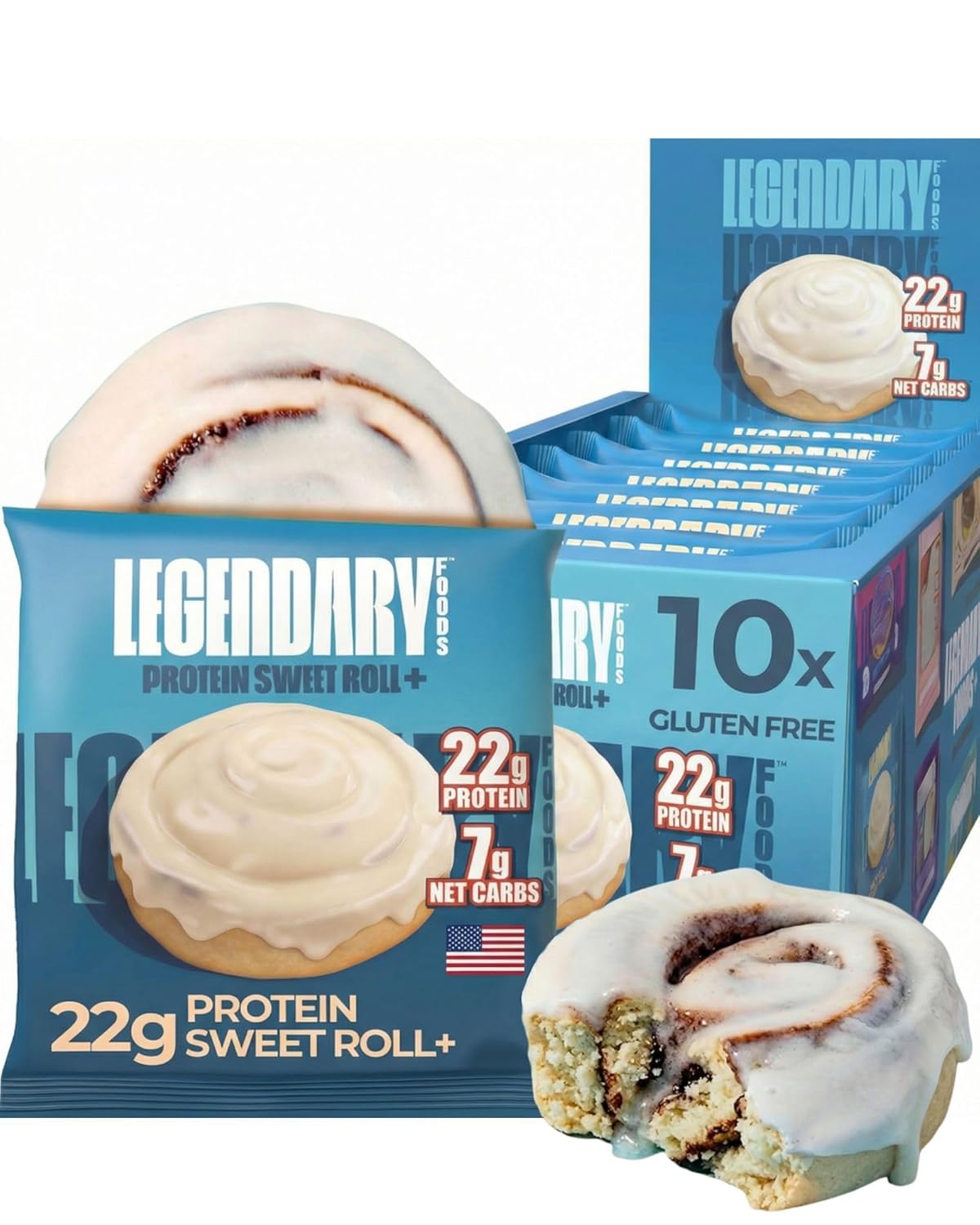Legendary Foods Cinnamon Roll Protein Bars 22g Protein Gluten-Free Keto Low Carb Zero Sugar 10-Pack
