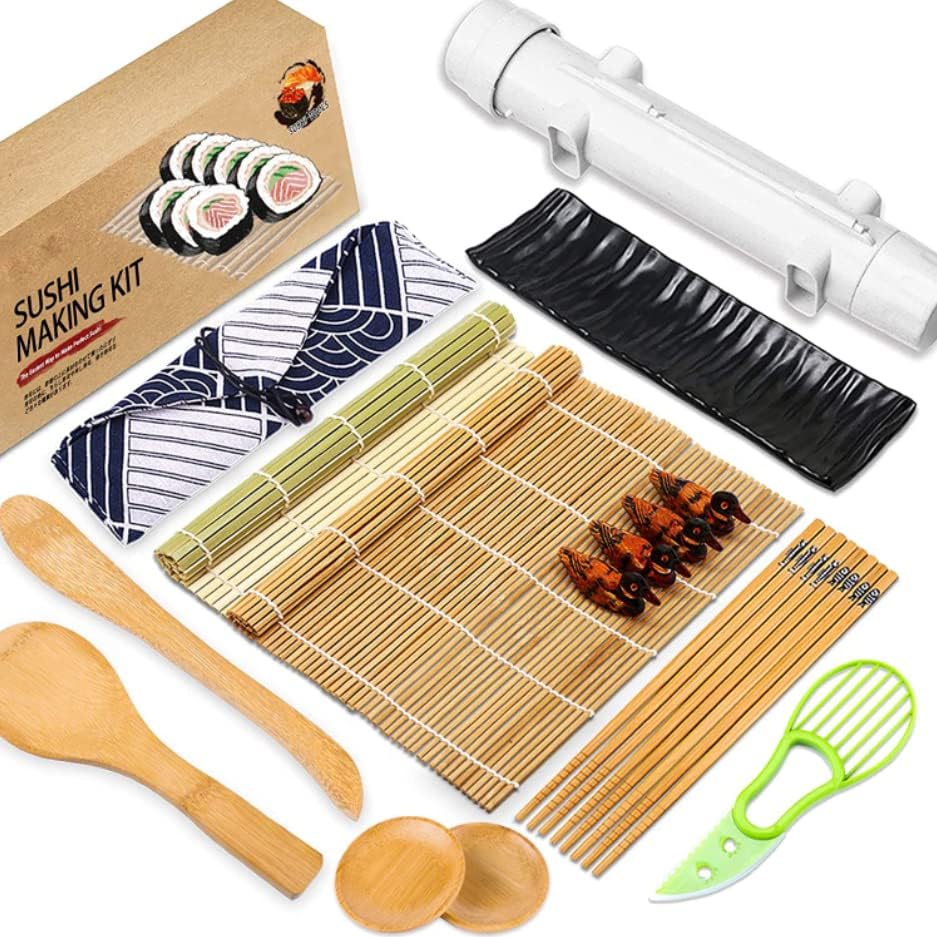 Miniatura 1 de Kit de fabricación de sushi para hacer sushi bazuca con alfombrilla de bambú para rodar, palillos, palo, esparcidor, plato de inmersión todo en uno,