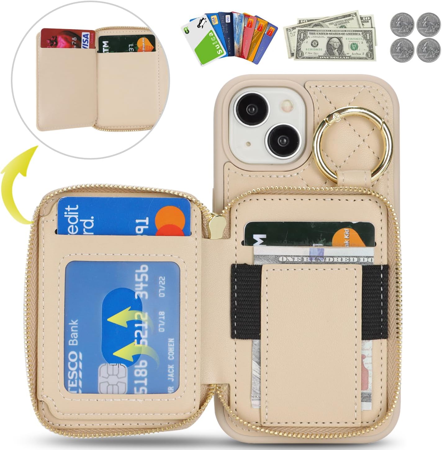 for iPhone 13 Case Wallet with Card Holder,for iPhone 13 Phone case Wallet with Zipper with Slot Kickstand Stand Case for Women and Man 5G 6.1 Inch-White