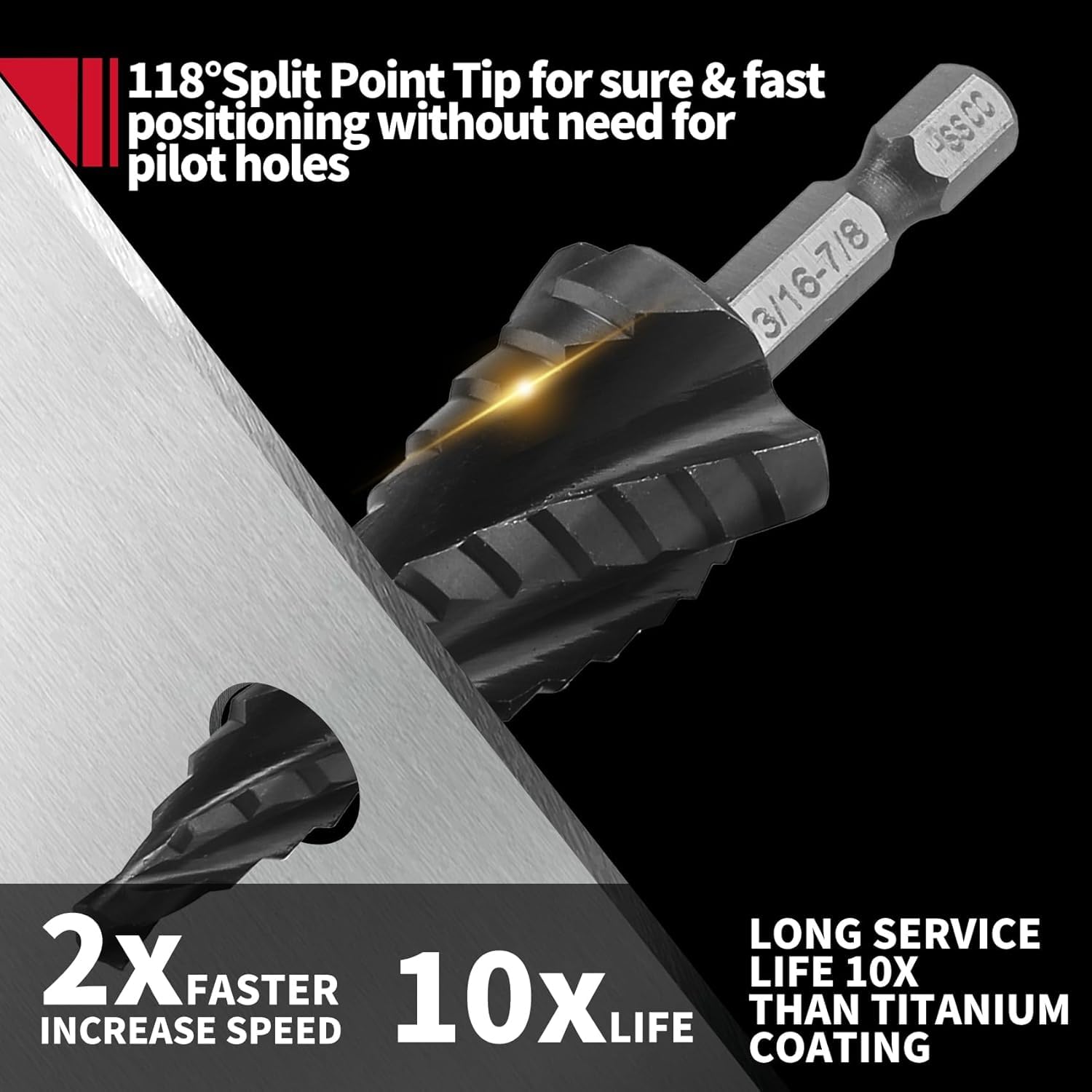 CKductpro M35 Cobalt Four Spiral Flute Step Drill Bit,1/8"-7/8" (3 pcs) Impact Resistant M35 HSS AlTiN Coated,1/4" Hex Shank Step Bit for Hole Drilling in Stainless Steel Copper - Image 4