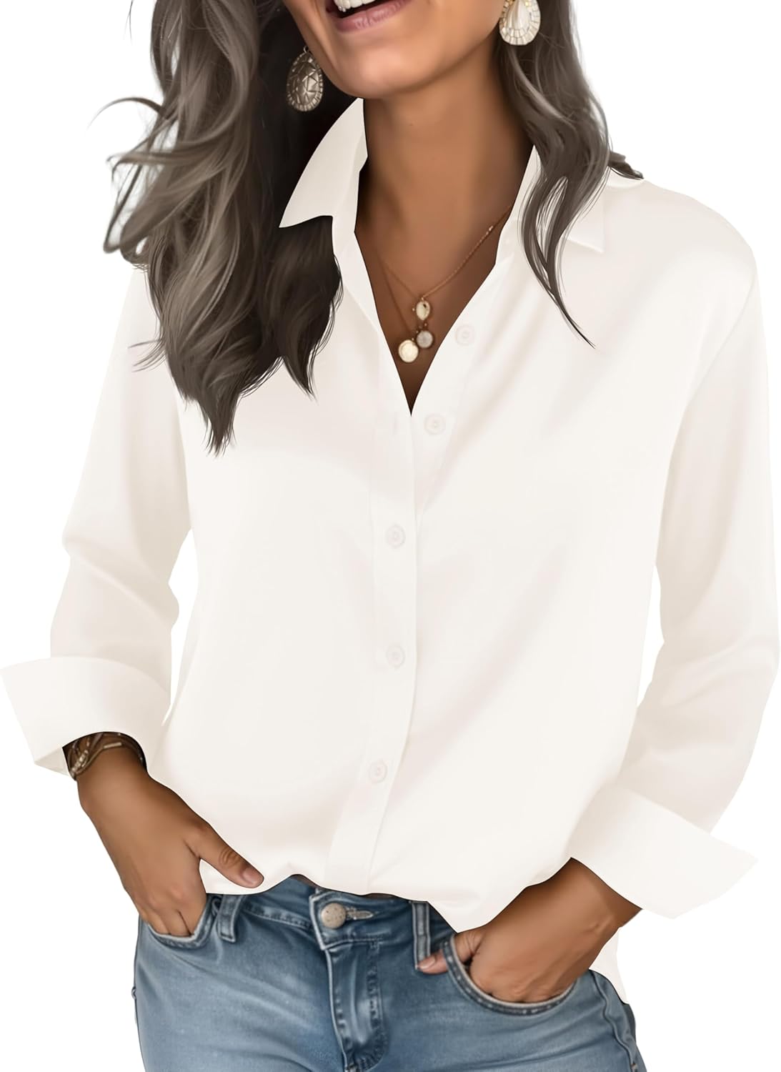 Womens Ultra-Soft Lightweight Satin Silk Button Down Shirts Silky Long Sleeve Work Dress Blouses Tops