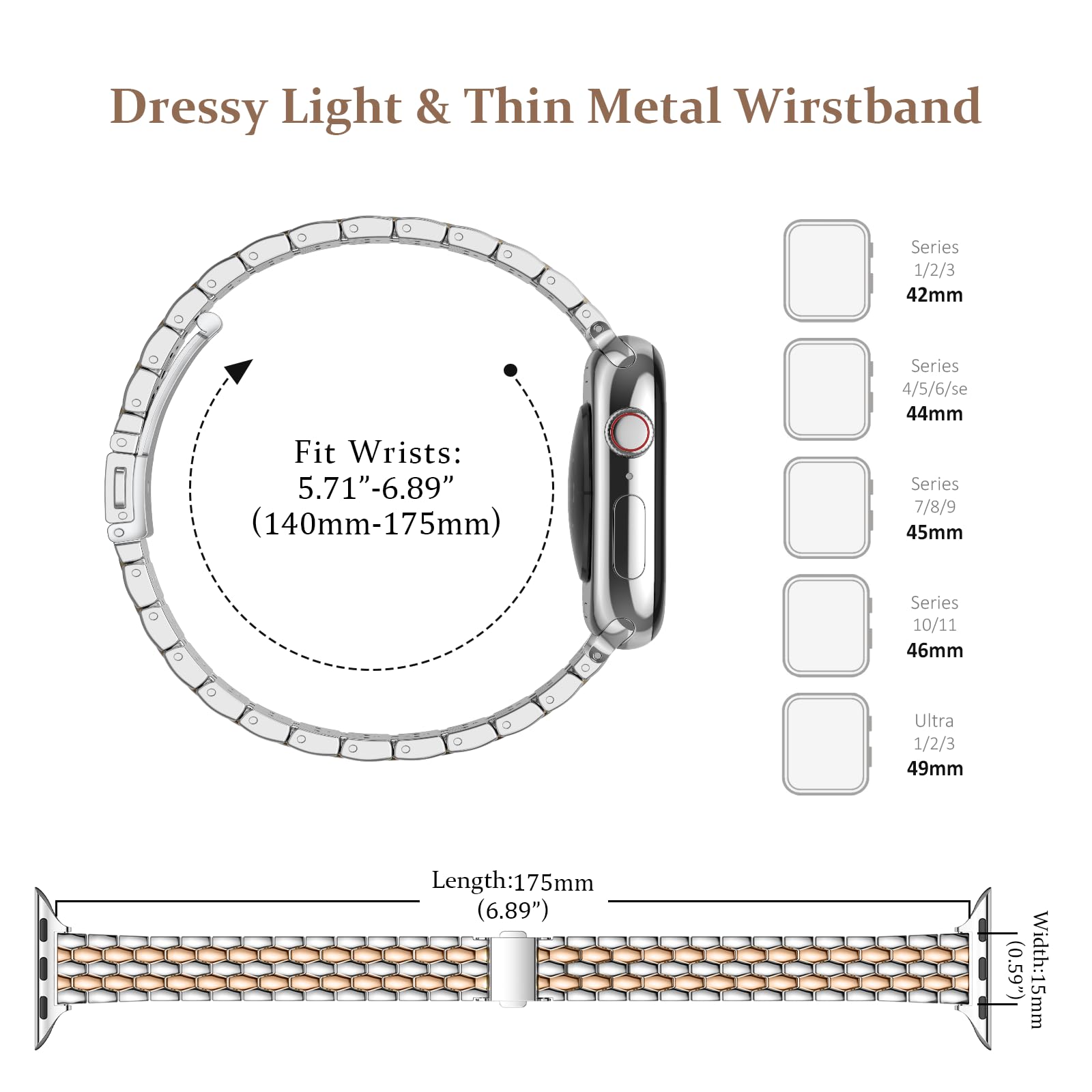 SOLOLUP Correa de metal de cinco eslabones para Apple Watch Series 11, 10, 9, 8, 7, 6, 5, 4, 3, SE 3/2/1, para hombres y mujeres, modelo de negocios, correa de acero inoxidable para iWatch 40, 41, 38
