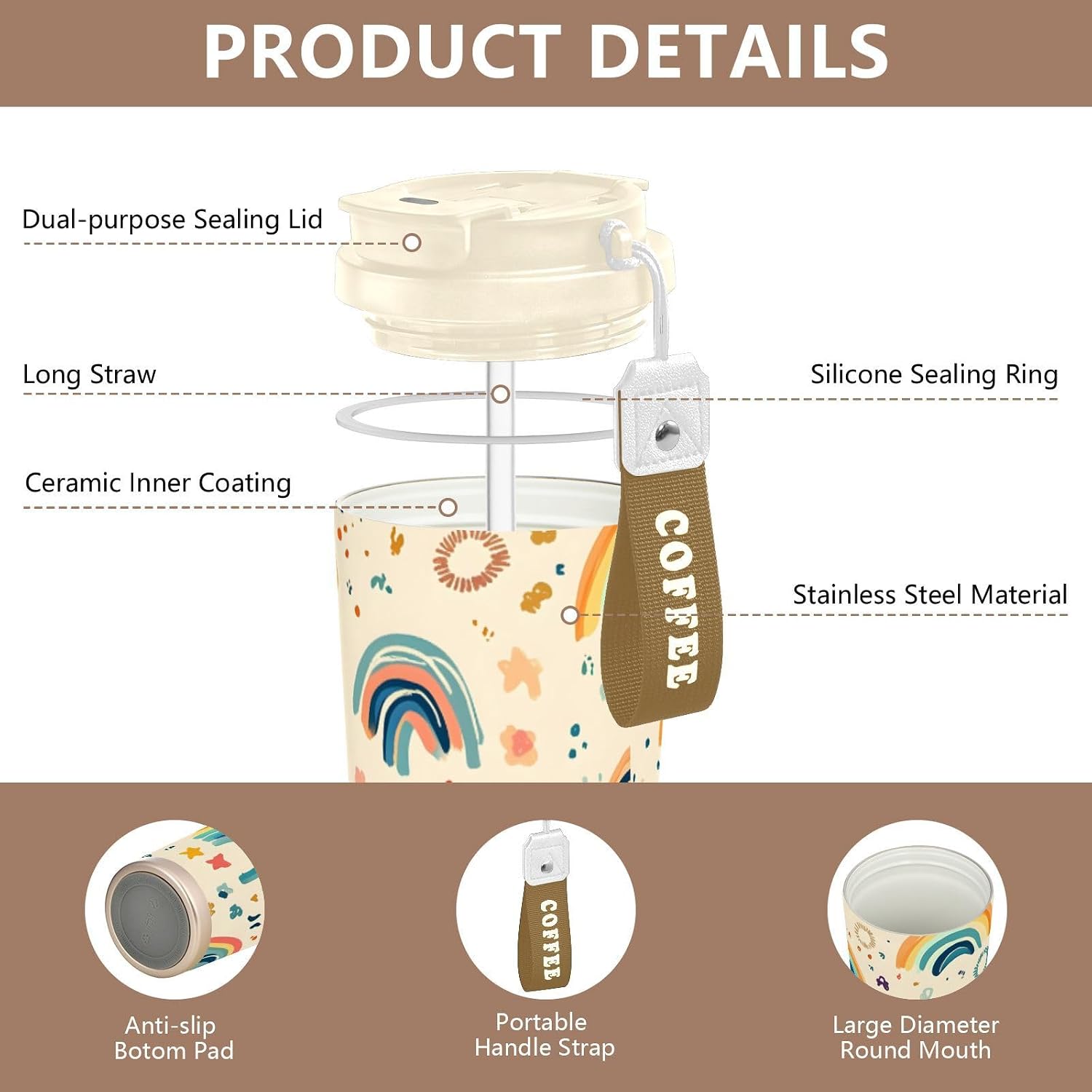 Insulated Coffee Mug Colors Art with Straw & Flip Lid, 16.9oz Iced Tumbler Cup, Double Wall Vacuum Mug for Travel Office Camping