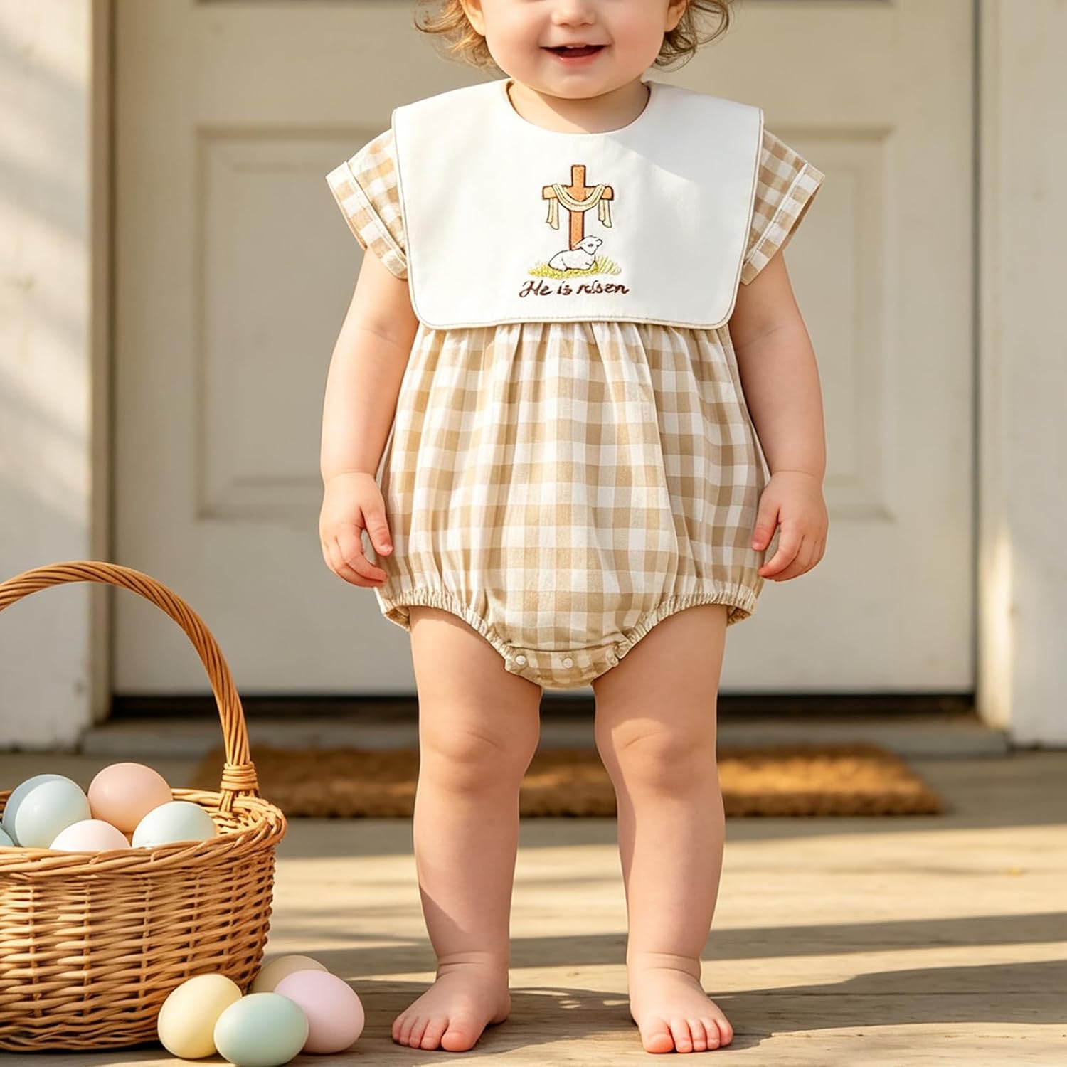Baby Boy Girl Easter Outfit Bunny Cross Embroidery Plaid Print Short Sleeve Bubble Romper Church Baptism Clothes
