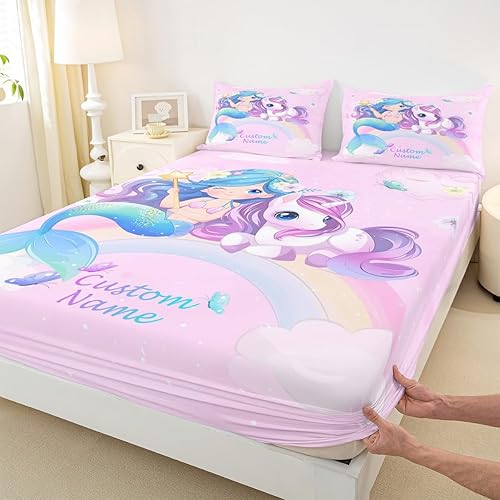 Miniatura 5 de Erosebridal Lindas sábanas de sirena para niñas y niños, sábana bajera personalizada de unicornio, tamaño individual, sábanas Kawaii de arcoíris,