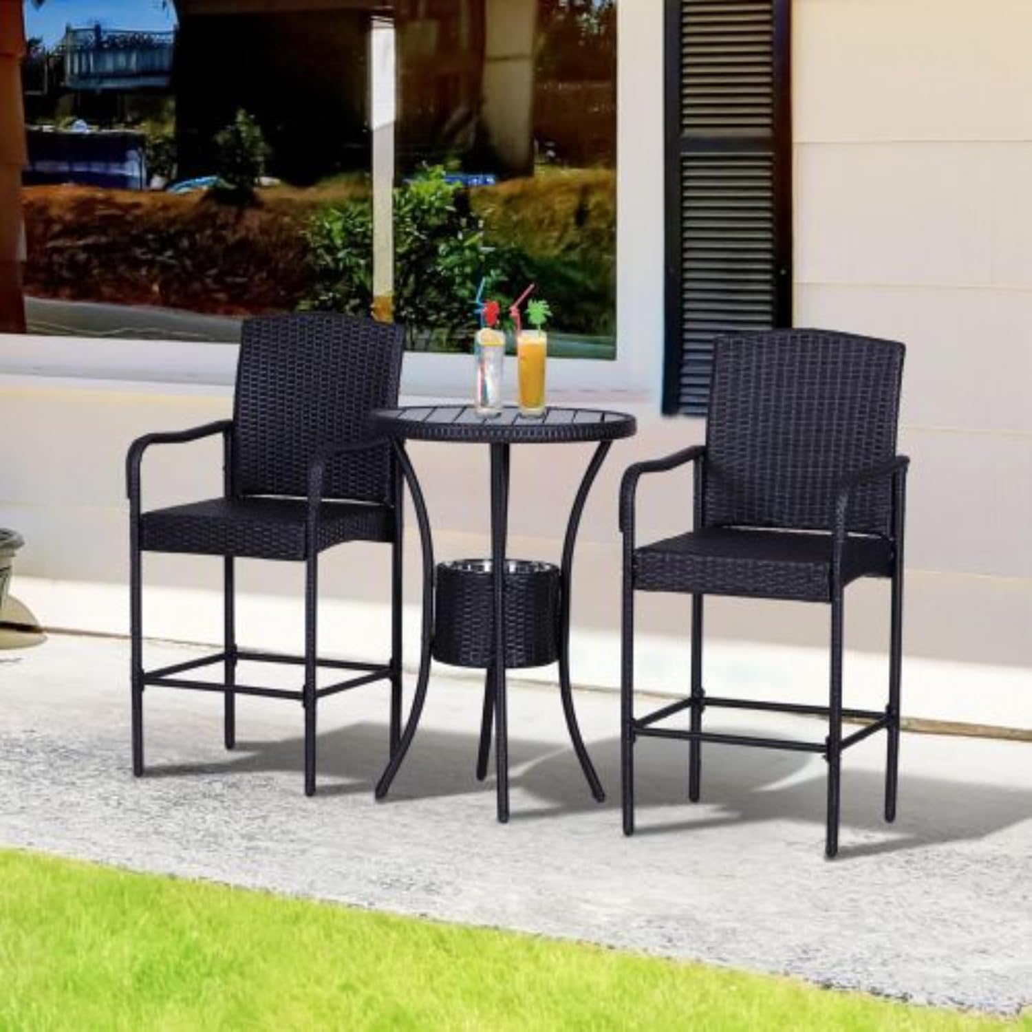 Rattan Bar Set 3 Piece, Bistro Set, Table and Chair Set, Bistro Set with Ice Bucket, Patio Furniture with 1 Bar Table and 2 Bar Stools for Poolside, Backyard, Porch, Patio