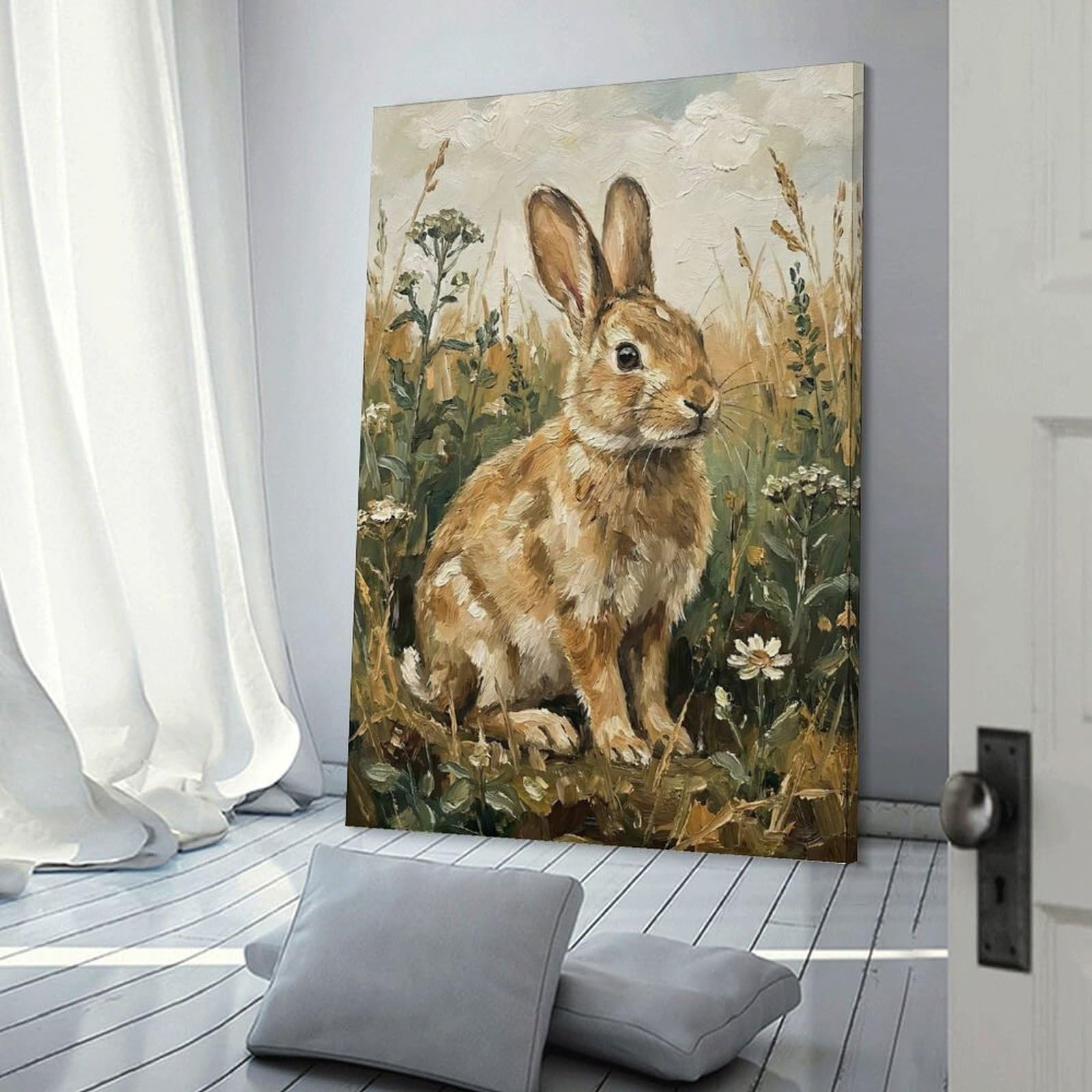 Junmoney Painting of A Rabbit in Tall Grass Decorative Wall Artwork, 12x18inch(30x45cm), for New Homes, Bedrooms Or Workspaces, Gift Idea for Housewarming And Birthdays