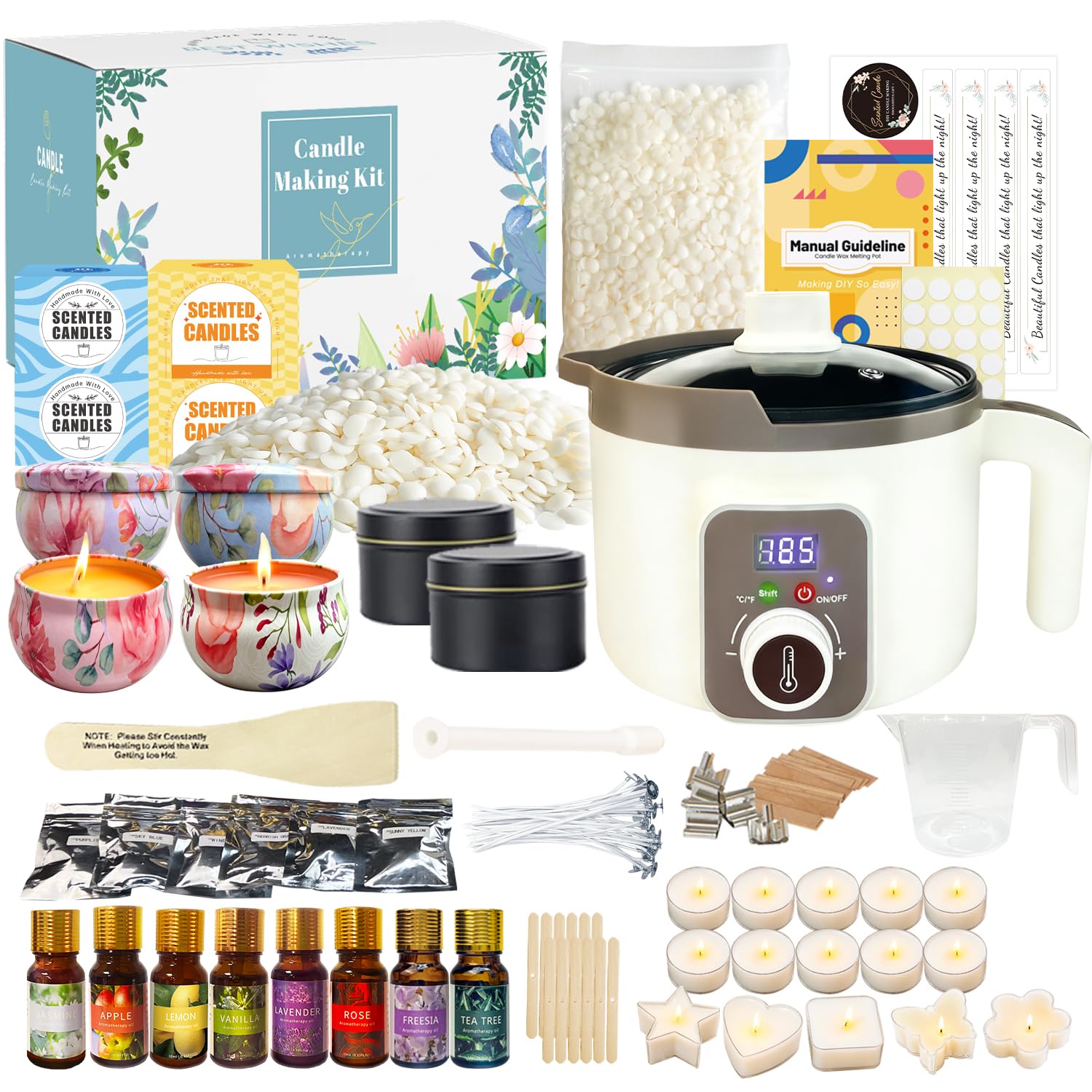 LINGQIAN Kit de fabrication de bougies fondoir cire bougie electrique numérique, 8 boîtes à bougies, 8 huiles parfumées, Kit de fabrication de bougies pour toutes les étapes