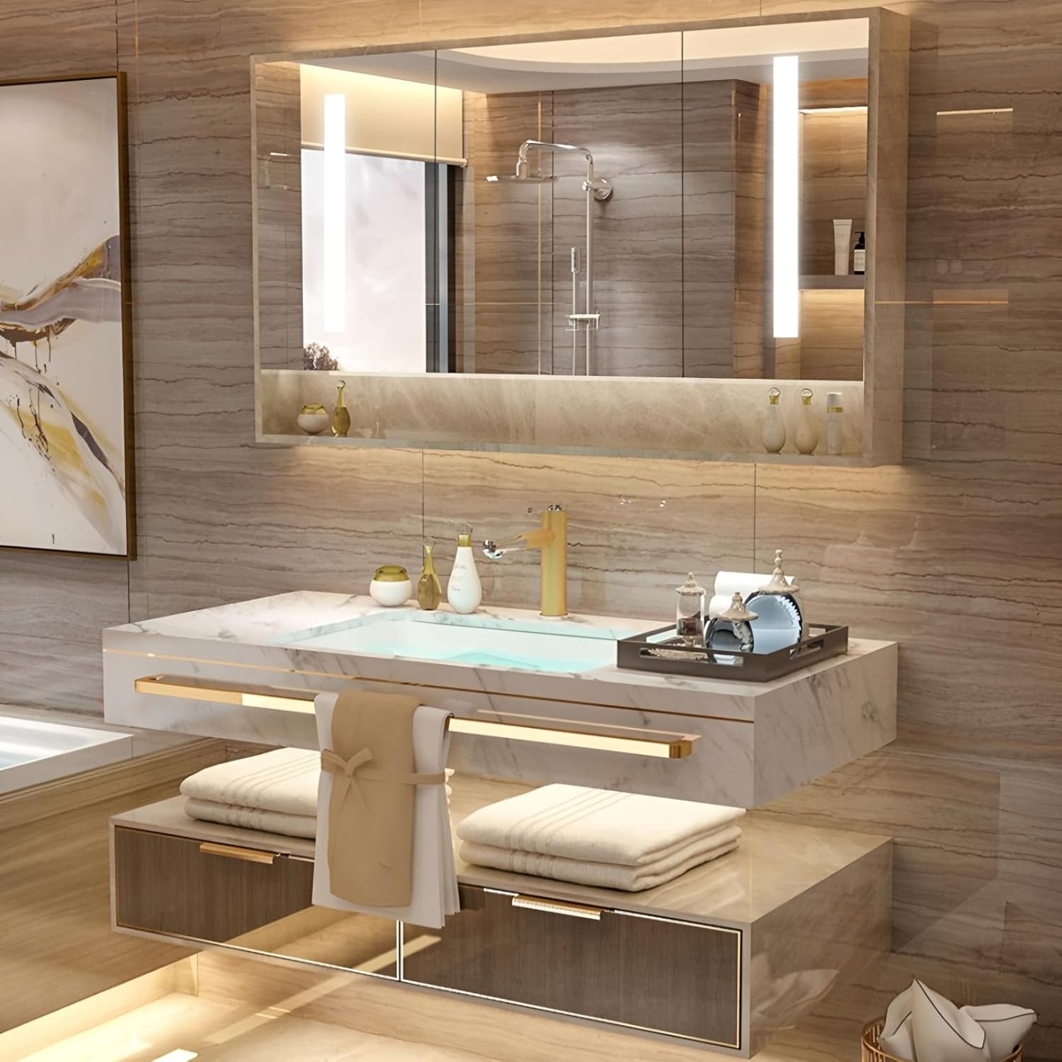 40IN Bathroom Vanity with Sink, Luxury Bathroom Vanities Includes LED Smart Defog Mirror Cabinet with Open Storage, Towel Bar and Slate Countertop, Floating Bath Cabinet with Drawers - Single Sink
