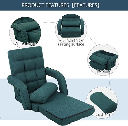 Miniatura 45 de FLOGUOR Silla de suelo, tumbona para interiores, sofá perezoso plegable ajustable de 14 posiciones con reposabrazos y una almohada, sillas