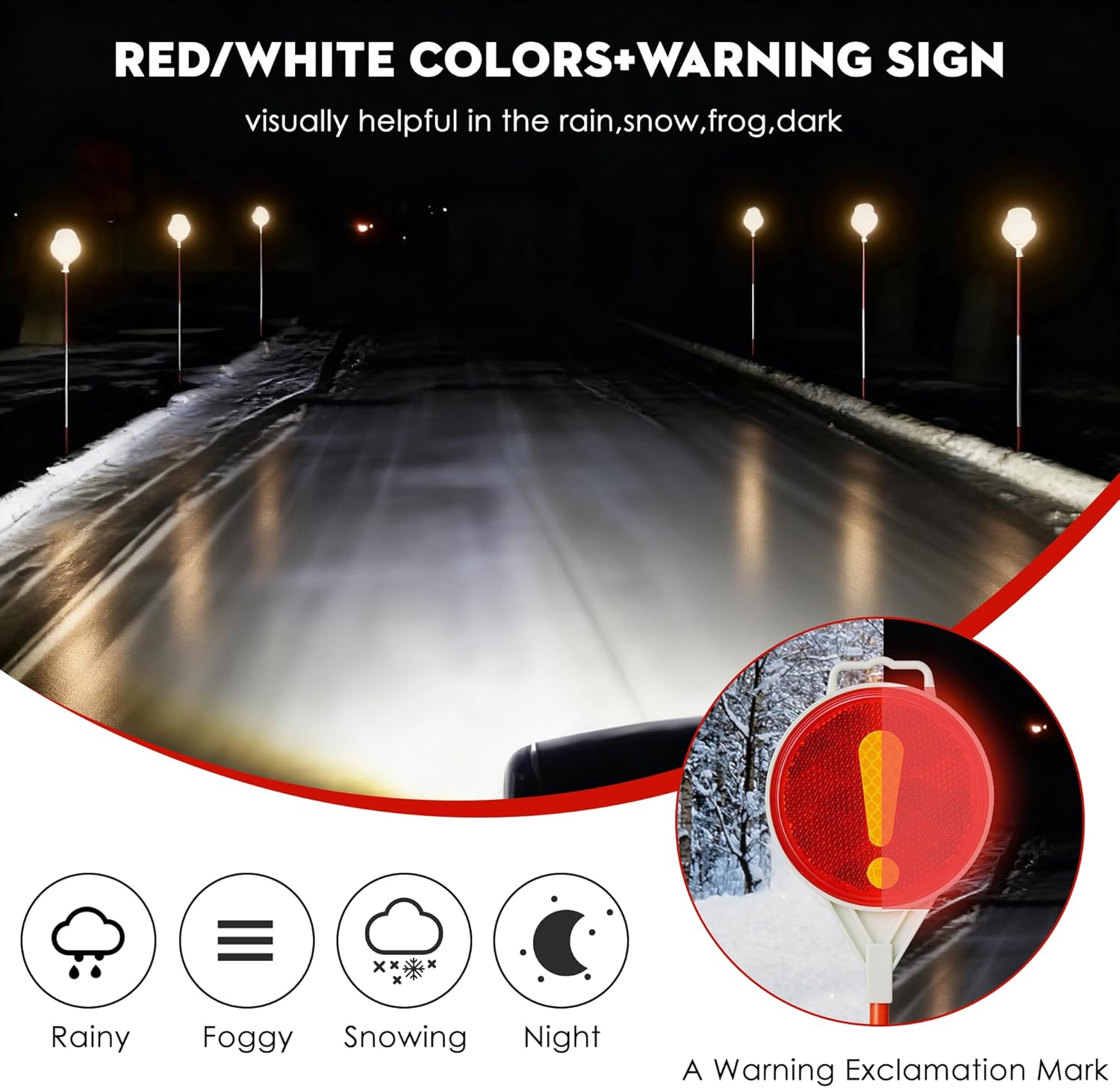 8Pcs 51.5" Reflective Driveway Markers - Double Sided Reflector with Yellow Exclamation Marks, Fiberglass Poles, Easy Installation, High Visibility for Snow Plowing & Driveway Safety