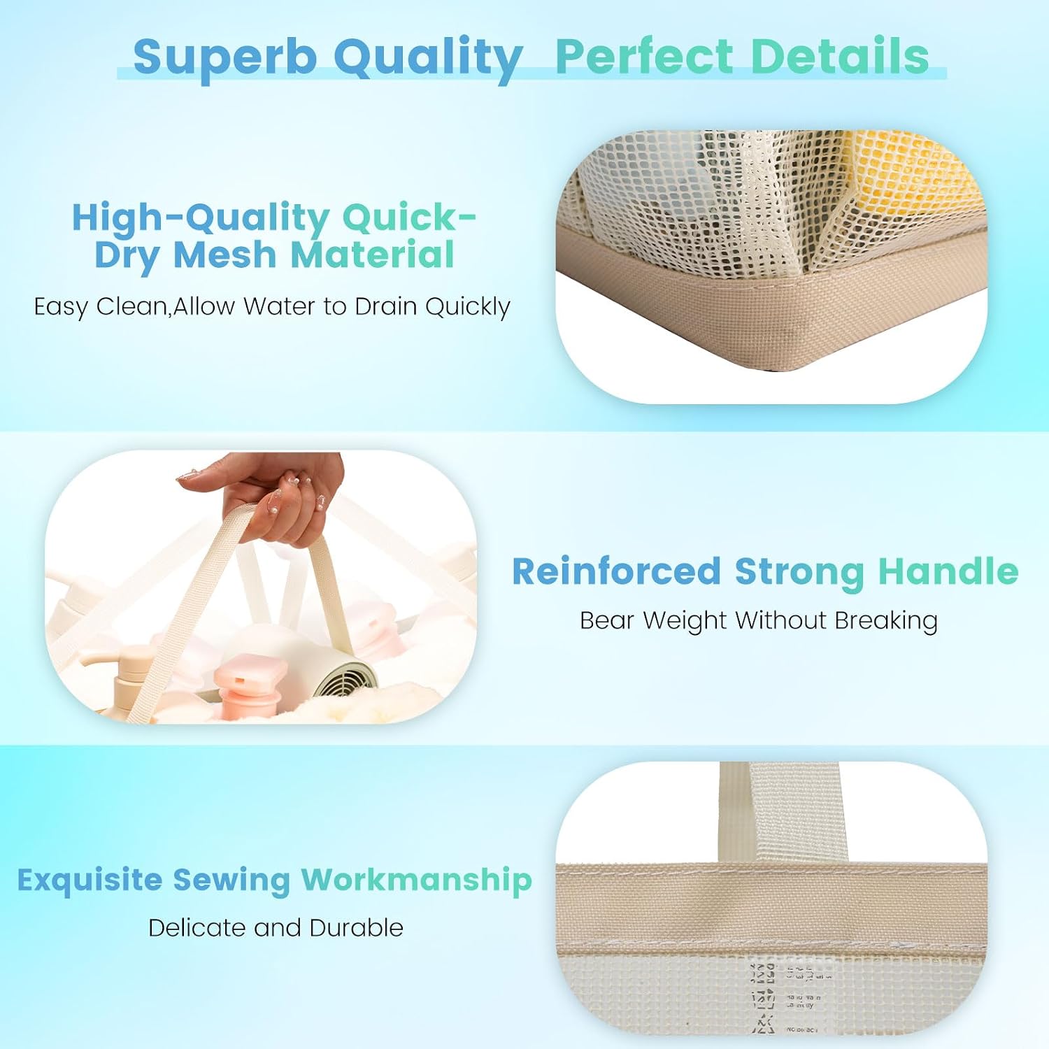 Mesh Shower Caddy for College Dorm Room Essentials for Girls with 9 Pockets,Large-Capacity Shower Basket,Quick Dry Toiletry Tote Bag for Women,Outdoor Gym,Travel,Swim,Beach Camping Essentials-Beige image 3