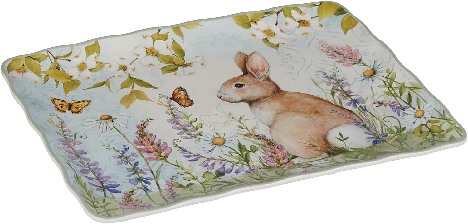 Easter Meadow 16x12-Inch Rectangular Serving Platter – Bunny & Floral Spring Decor, Ideal for Appetizers, Charcuterie, Cheese, & Desserts – Dishwasher Safe