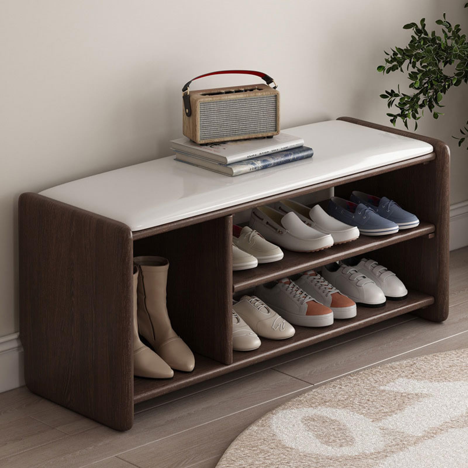Banc de rangement à chaussures en faux cuir avec espace bottes et banquette rembourrée entrée