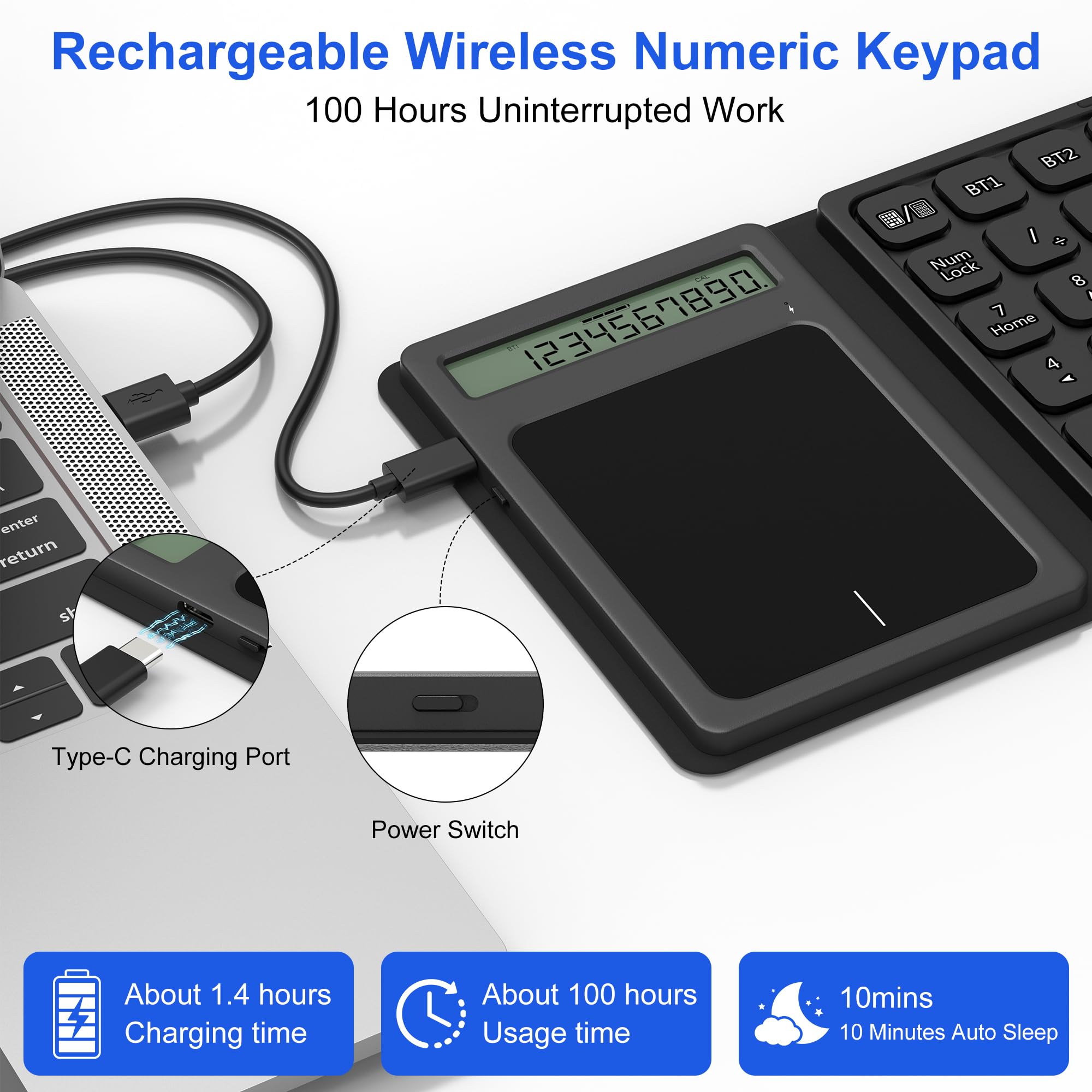 Tastierino numerico Bluetooth con calcolatrice & trackpad - Tastierino numerico wireless portatile pieghevole ricaricabile a 23 tasti, trackpad Bluetooth, inserimento dati e calcolo, track pad 3 in 1