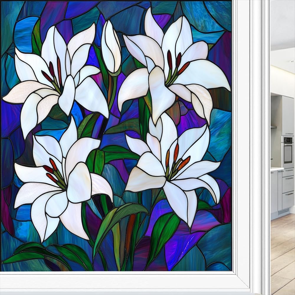 Vintage Texture Flowers Window Privacy Film Stained Glass Rustic Plants Watercolor Painting Decal for Glass Decorative Stickers Adhesive Windows Sun Blocking Coverings 23.6Wx35.4L inch