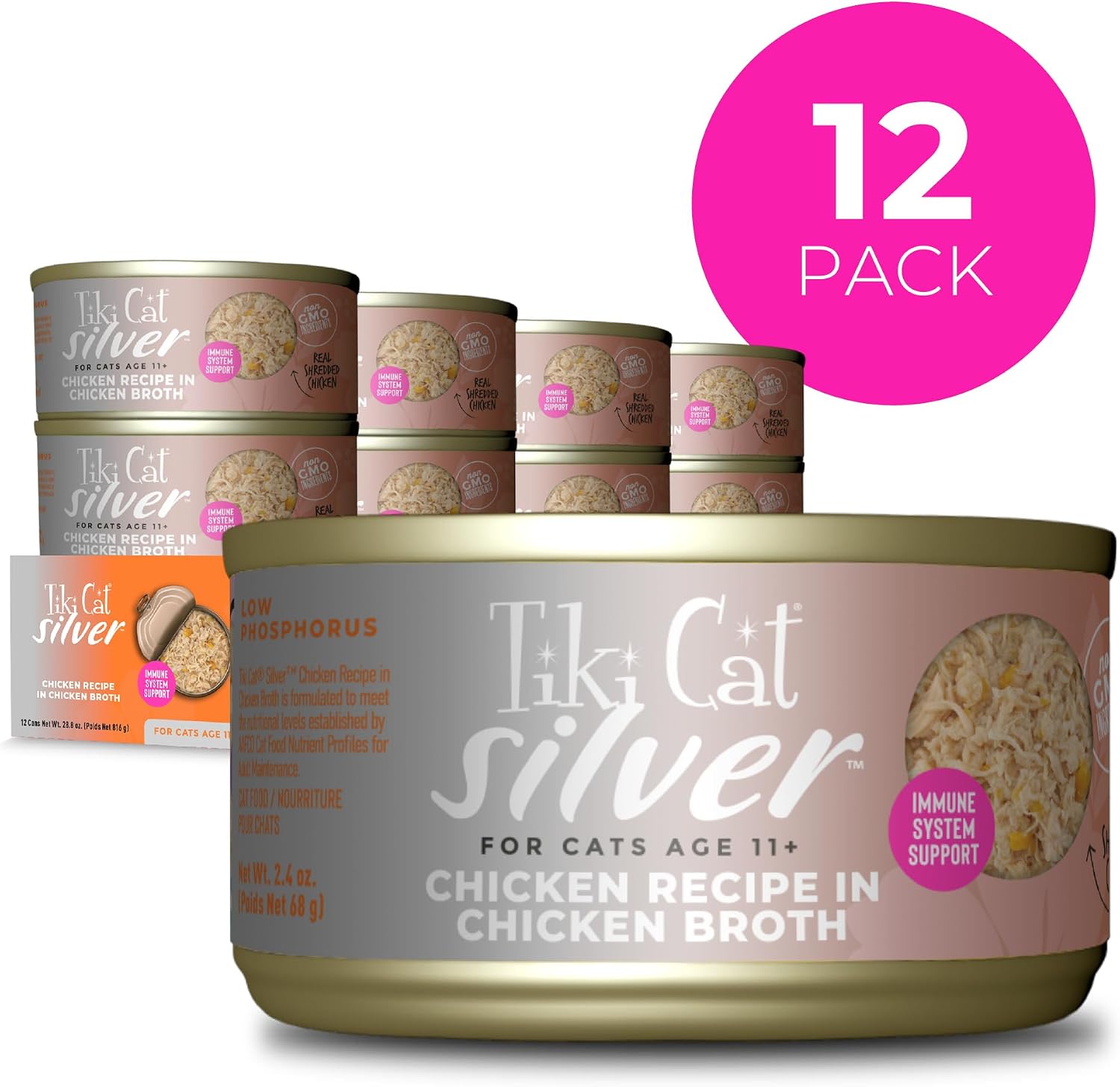 Tiki Cat Silver Comfort Shreds Chicken Recipe Senior Wet Cat Food 2.4 oz Cans (12-Pack)