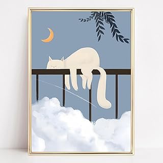 Cute Cat Canvas Wall Art Funny Pet Posters Abstract Animal Prints Cat And Moon Painting Abstract Cat Print Leaf Art Lazy Cat Artwork White Cloud Canvas White Cat Pictures Wall Decor 16x24inch No Frame