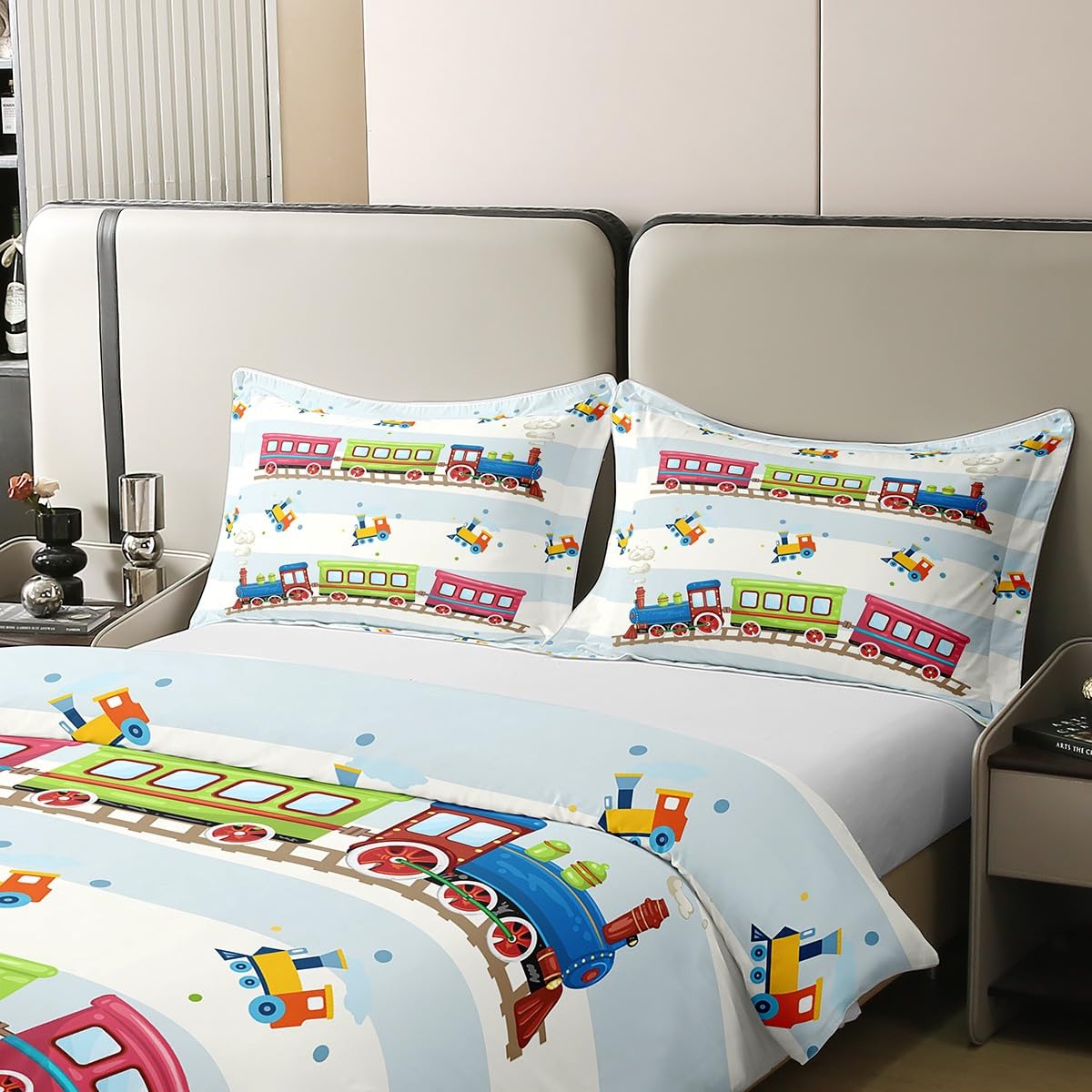Loussiesd Zug 100% Baumwolle Bettwäsche Set 135x200cm Auto Vehies Drucken Bettbezug Set Nette Züge Betten Set für Kinder Bettwäsche Ultra Weich Raum Dekor Bettbezug Reißverschluss Verschluss