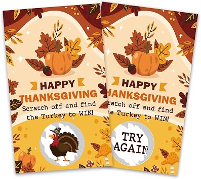 Thanksgiving Scratch Off Cards 50 Pack, Fall Harvest Scratcher Tickets, Autumn Party Game for Birthday Wedding Supplies Decorations - B02