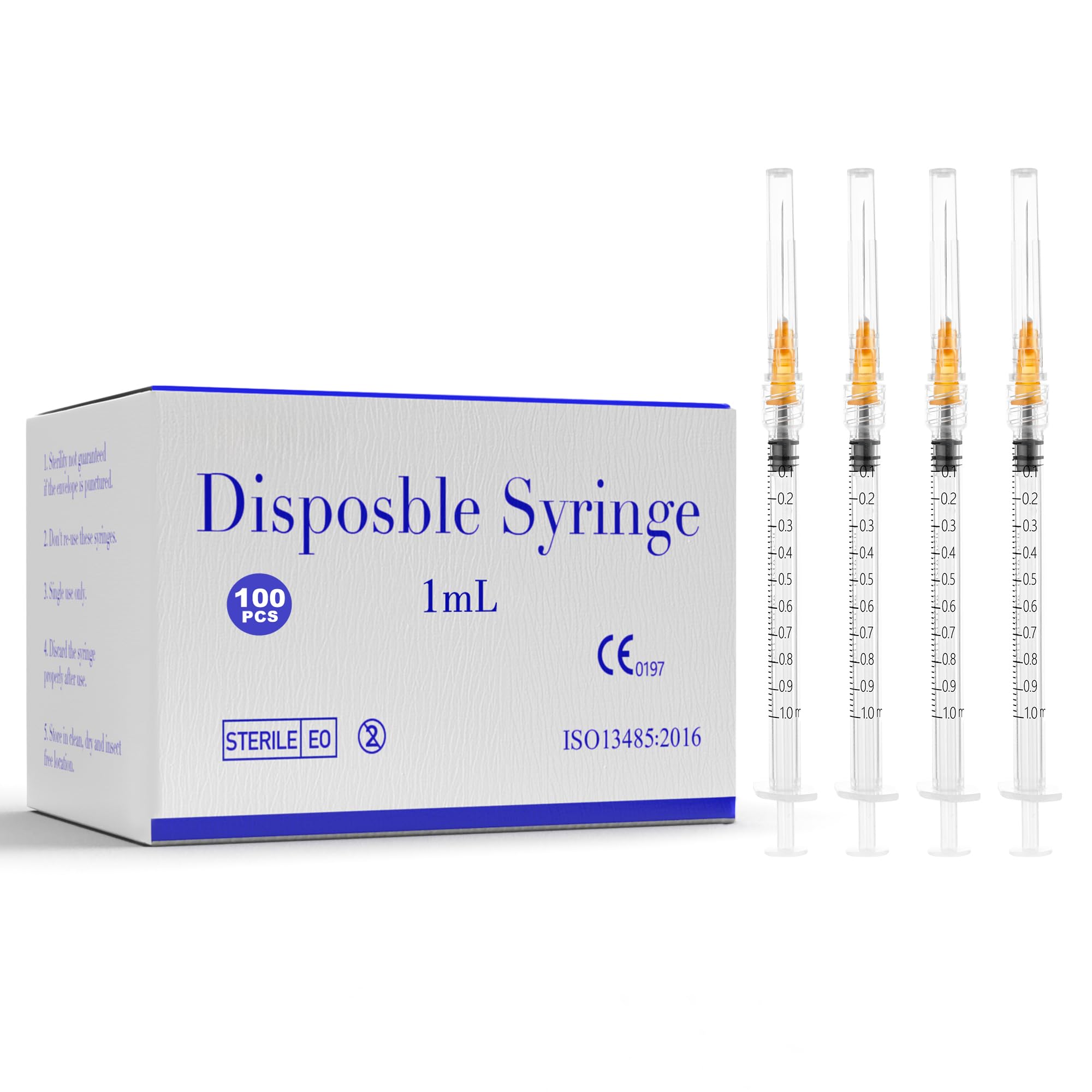 Disposable 1mL Luer Lock Syringe 25G 1 inch for Scientific Lab Use, Individually Wrapped, Box of 100