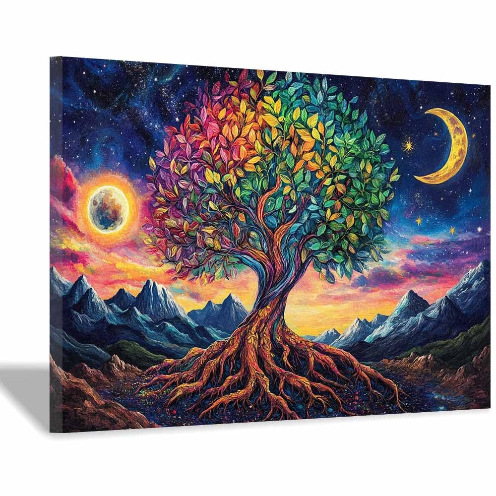 ZAMAEIU Tree of life wall decor Moon-companioned trees On Canvas Prints Poster Pictures for Living Room Bedroom Home Office Wall Decoration(green)-30x50cm Framed