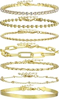 Gold Chain Bracelets Set for Women Girls, 14K Real Gold Plated Link Chain Bracelets Layered Paperclip Chain Tennis Beaded Figaro Adjustable Stack Bracelets Fashion Jewelry 7Pcs