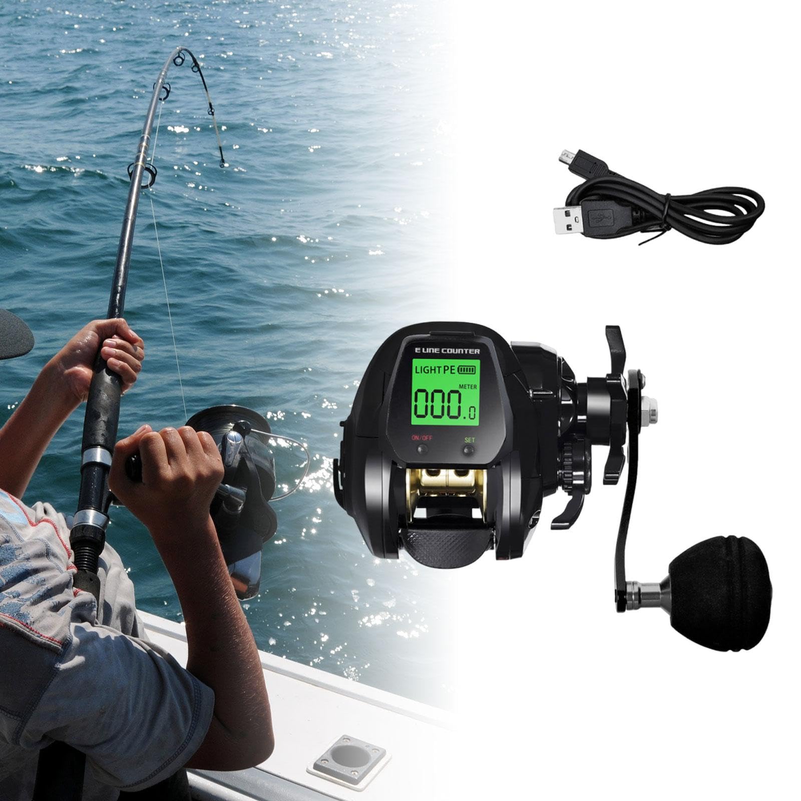 KESOTO Carrete de Pesca con Asistencia Eléctrica, Accesorio de Carga USB, Mano Derecha Negra