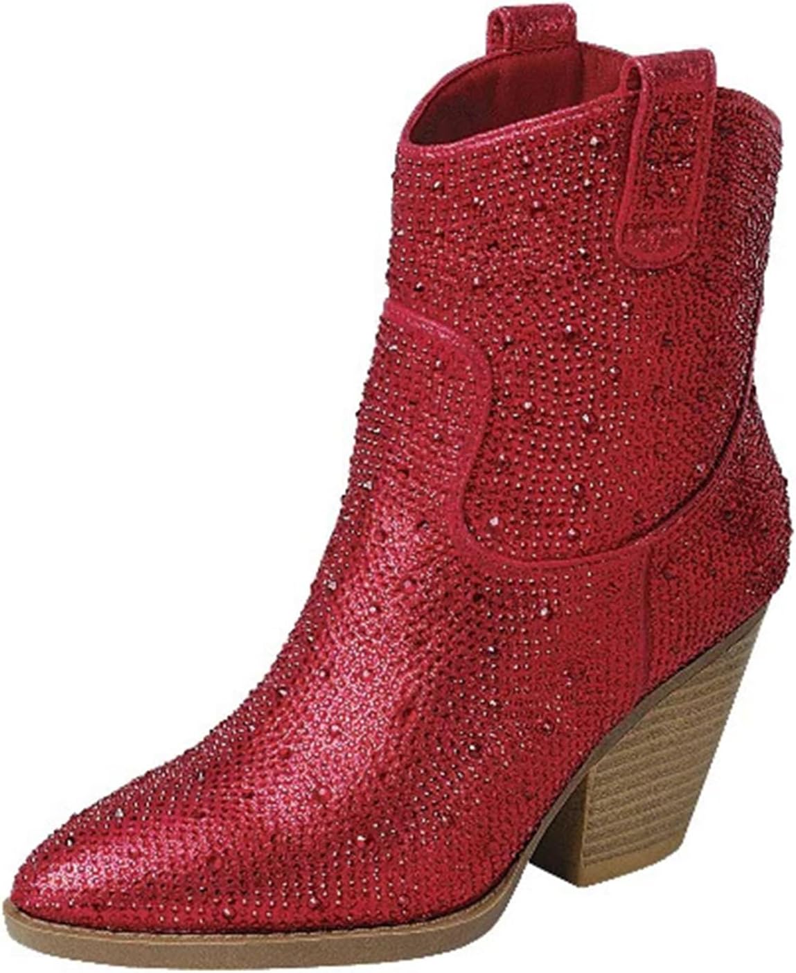 Forever Women's Rhinestone Block Heel Ankle Boots River-01 Red 9