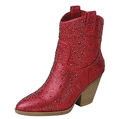 Forever Womens Rhinestone Block Heel Ankle Boots River-01 Red 7