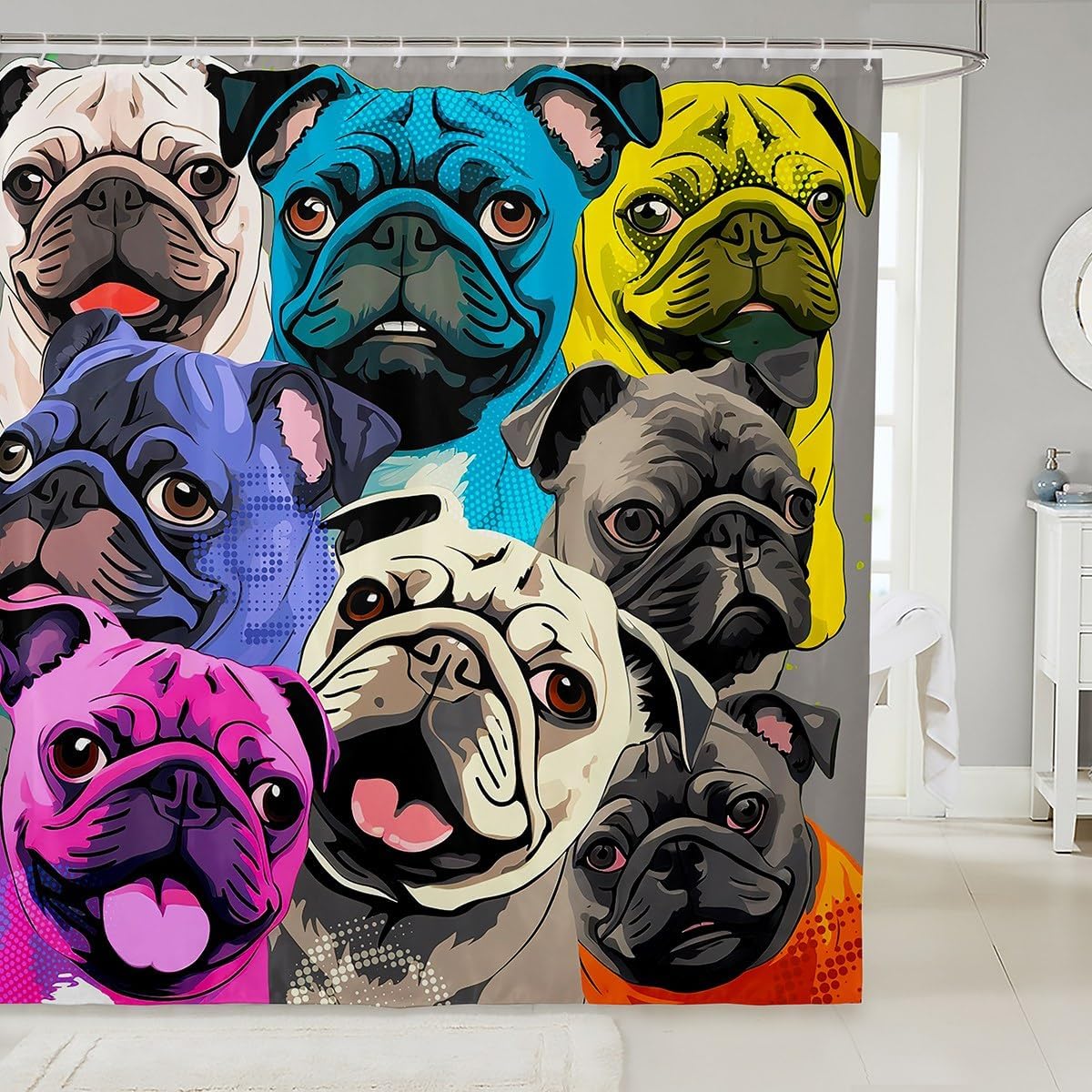 Dogs Printed Bath Curtain Cute Pug Dog Shower Curtain For Kids Boys Girls Cartoon 3D Animal Theme Shower Curtains Set with Hooks Colorful Hippie Pug Puppy Waterproof Fabric Bathroom Decor 72x78 Inch