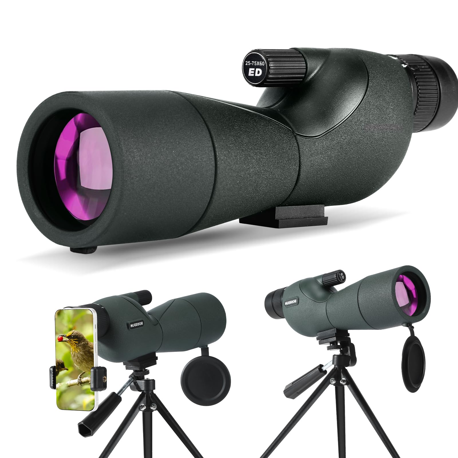 25-75X telescopio terrestre, Hunting Spotter Scope para Disparar a los Objetivos, Telescopios-A Prueba de Agua con Prisma BAK4 Trípode Adaptador de teléfono Bolsa de Transporte (GN0025)