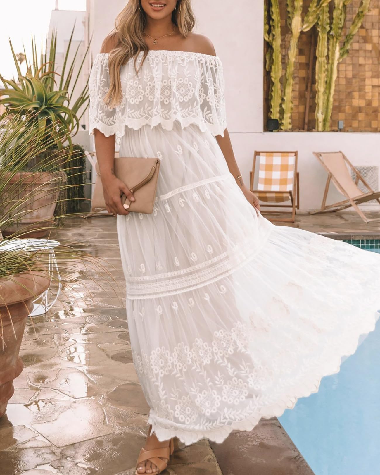 Vestido de novia de encaje con hombros descubiertos para mujer, estilo bohemio, dama de honor, fiesta, maternidad, sesión de fotos, maxi vestidos