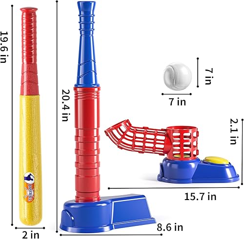 Miniatura 2 de TEMI Juego de pelota de béisbol 2 en 1 para niños de 3-55-8, camiseta de béisbol para niños, juego de pelota en T con 10 bolas, máquina de lanzar,