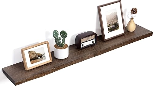 Miniatura 17 de Estantes flotantes para decoración de pared, estantes flotantes rústicos de madera maciza de olmo con borde vivo, estantes de pared con soporte