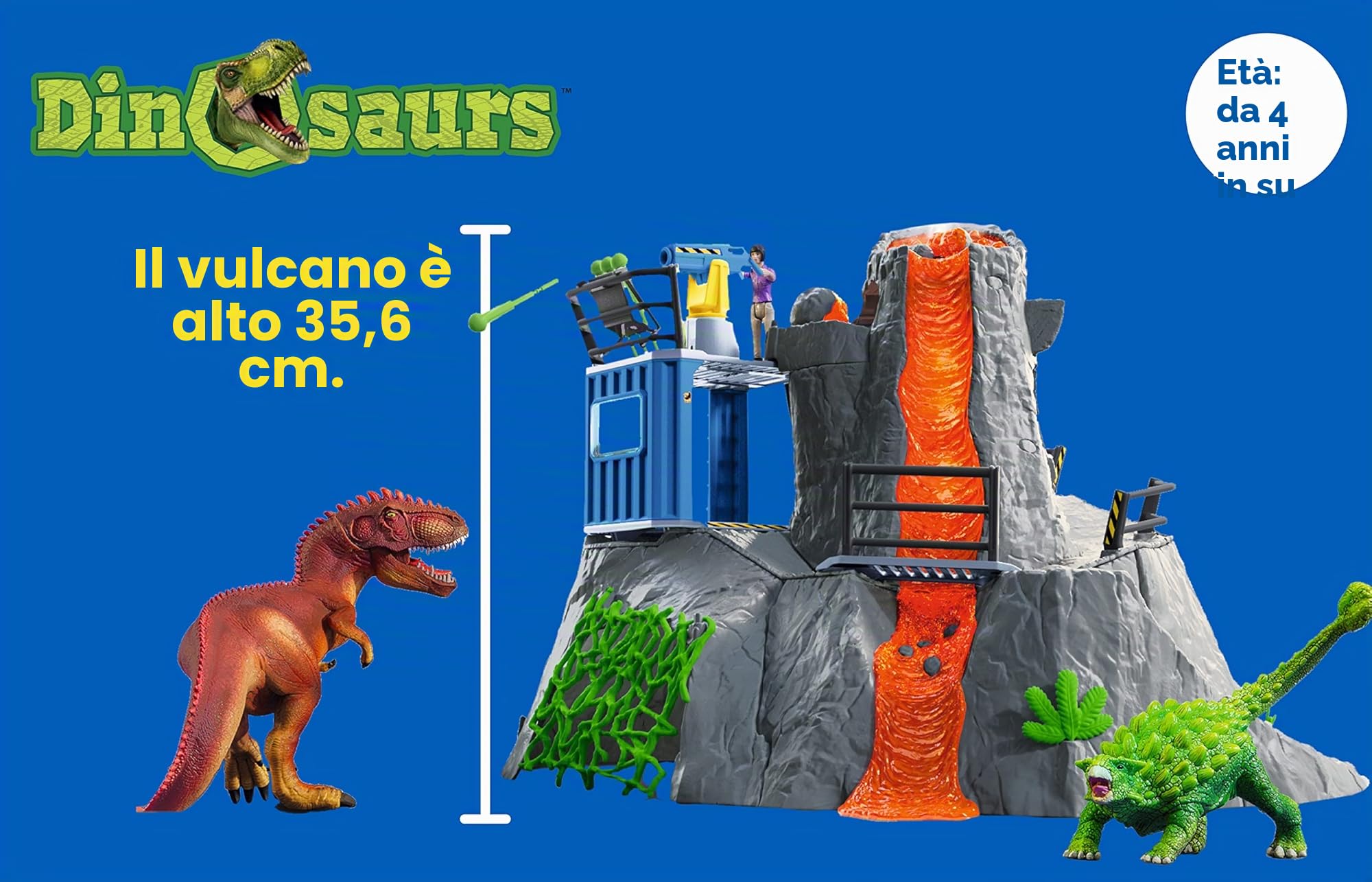 SCHLEICH DINOSAURS 42564 - Set di giocattoli a forma di dinosauro, con vulcano con luce LED e funzione di scoppio, figura ricercatrice e 2 figure di dinosauro, età consigliata: 5-12 anni